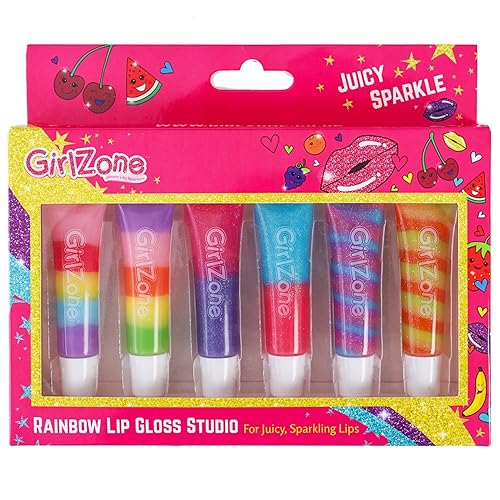 GirlZone Juego de bálsamo labial y brillo – Paquete de 6, arcoíris, a partir de 7 años – Paquete de brillo labial con aroma a fruta brillante y dúo