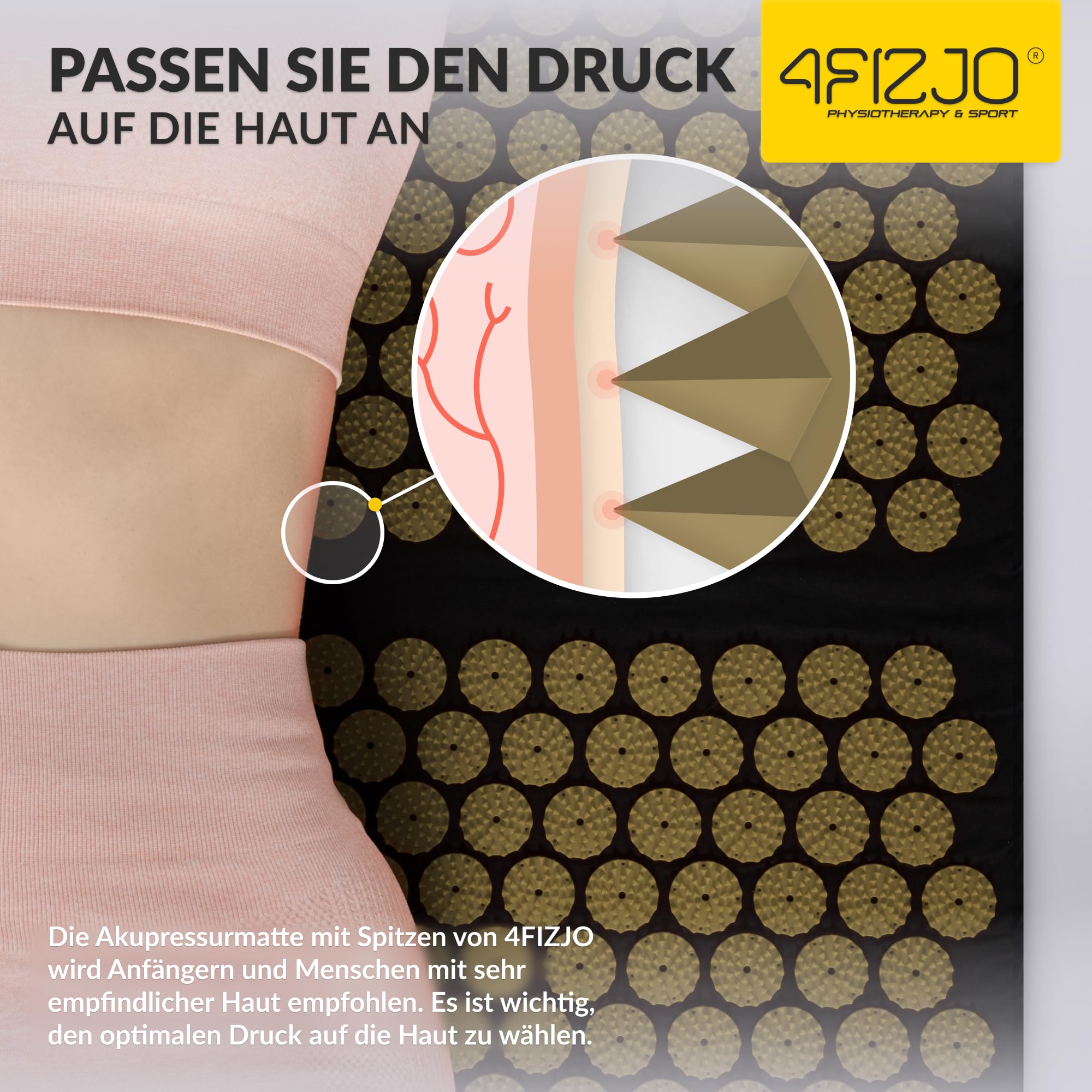 4FIZJO Akupressurmatte & Kissen XL, 110x42x2 cm, mit Tragetasche, Polyurethanschaum, Hypoallergen, 15330 Stacheln, Massagematte für bessere Durchblutung, Muskeln Entspannung, Farbe: Schwarz und Gelb