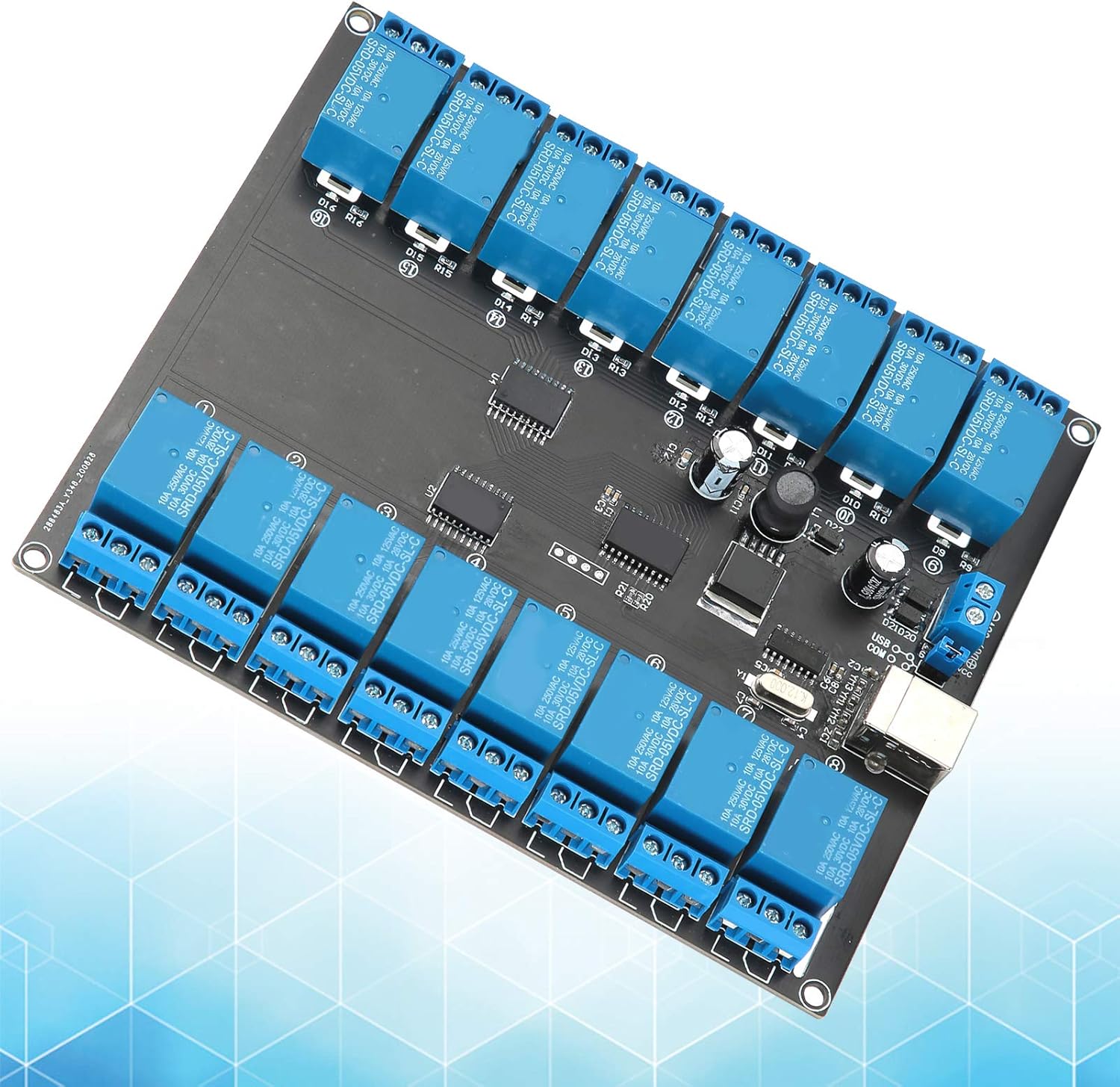 Top-down view of the Pomya 16-Channel USB Opto-Isolated Relay Module, showing all relays and their associated LEDs.