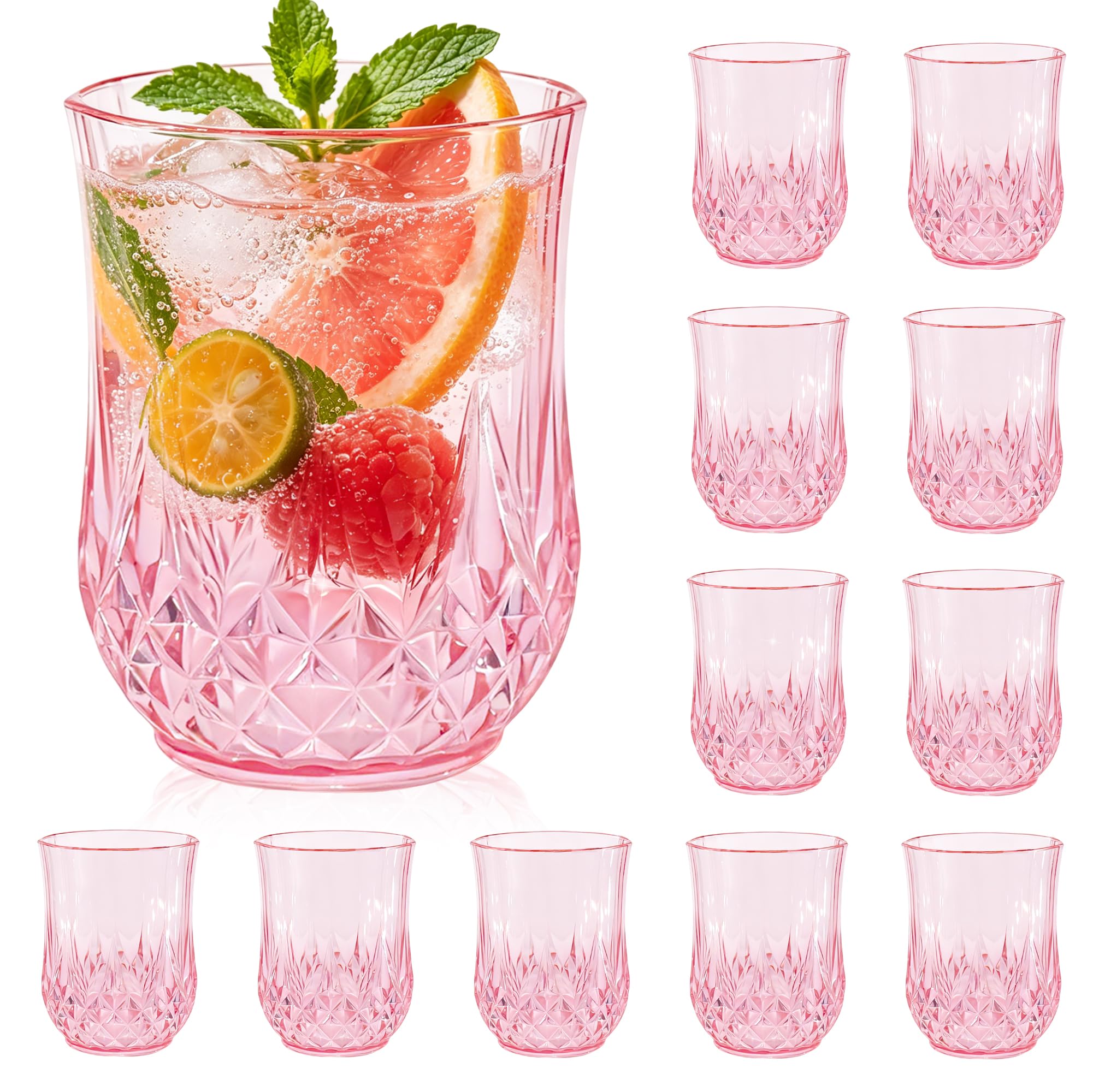 XYUNE 12 Pack Plastic Stemless Wine Glasses, Pink 350ml Drinking Cups