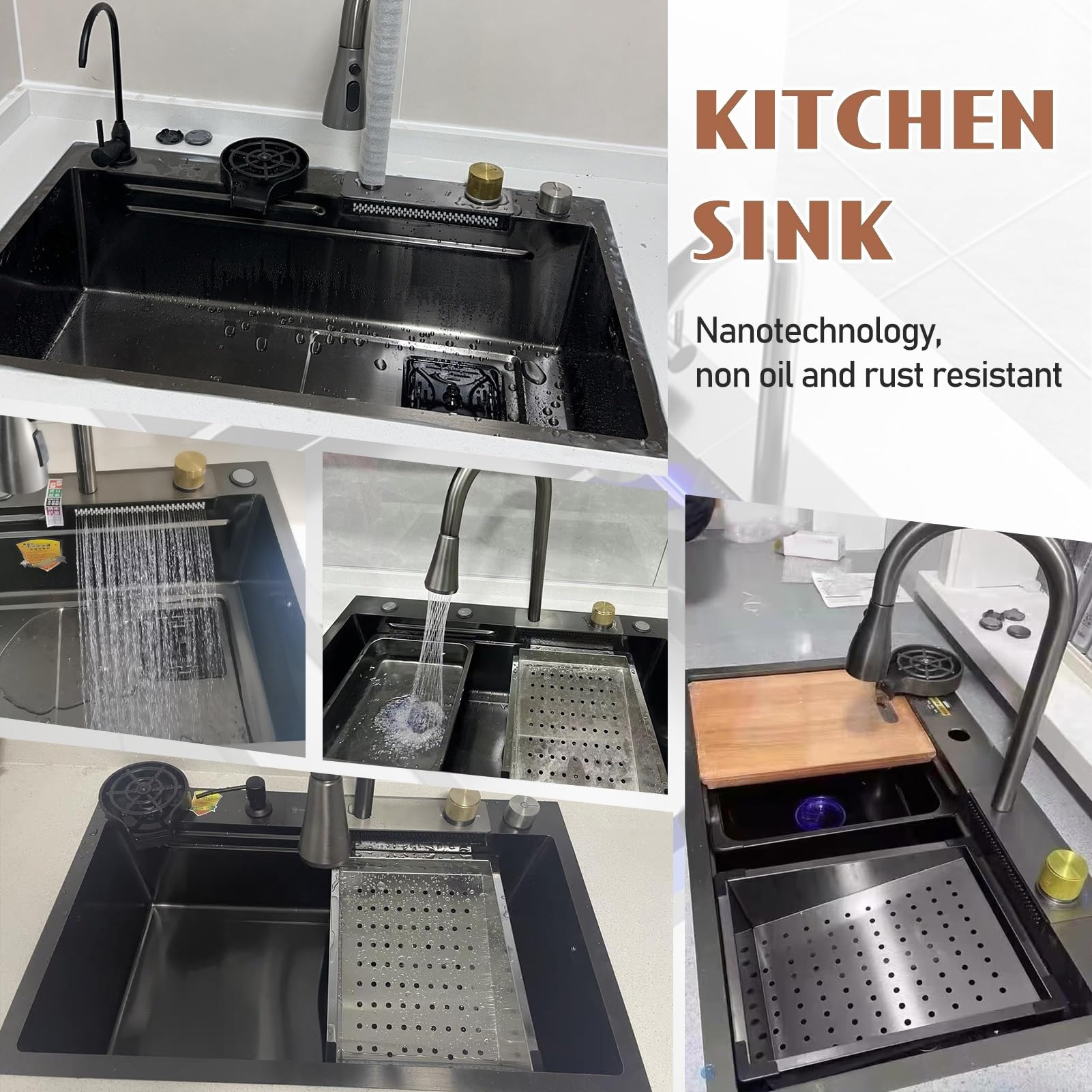 Lavello Da Cucina Multifunzionale In Acciaio Inox A Cascata, Lavello Da Postazione Di Lavoro Di Grande Capacità, Lavello A Vasca Singola Da Montare In Alto, Con Pomello Di Scarico E Accessori Completi