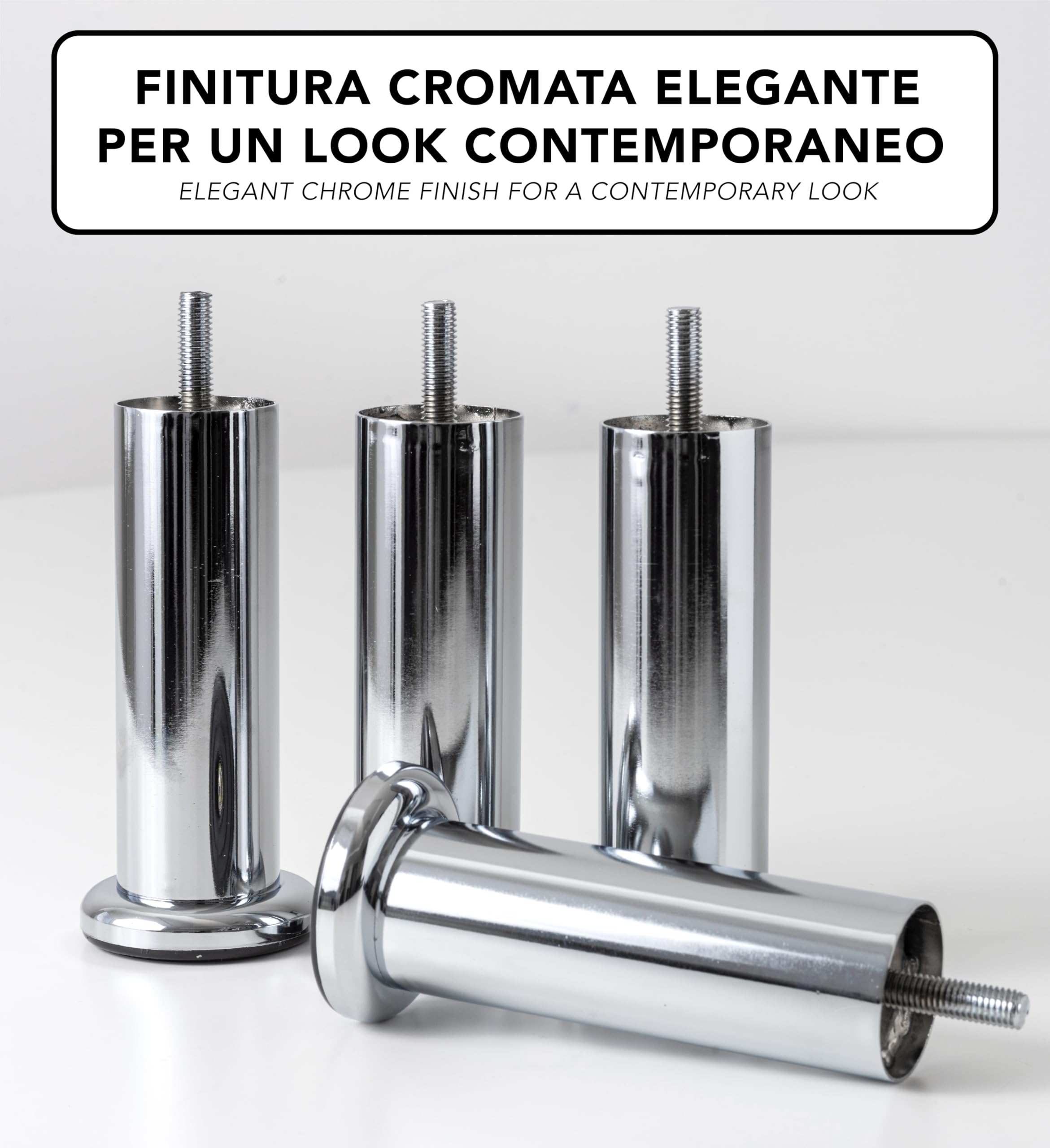 IPEA 4x Piedini per Mobili e Divani modello ACQUAMARINA CON BASE – Set di 4 Gambe in Ferro – Piedi dal Design Minimal per Poltrone, Armadi, Mobili Casa – Colore Cromato – Altezza 150 mm