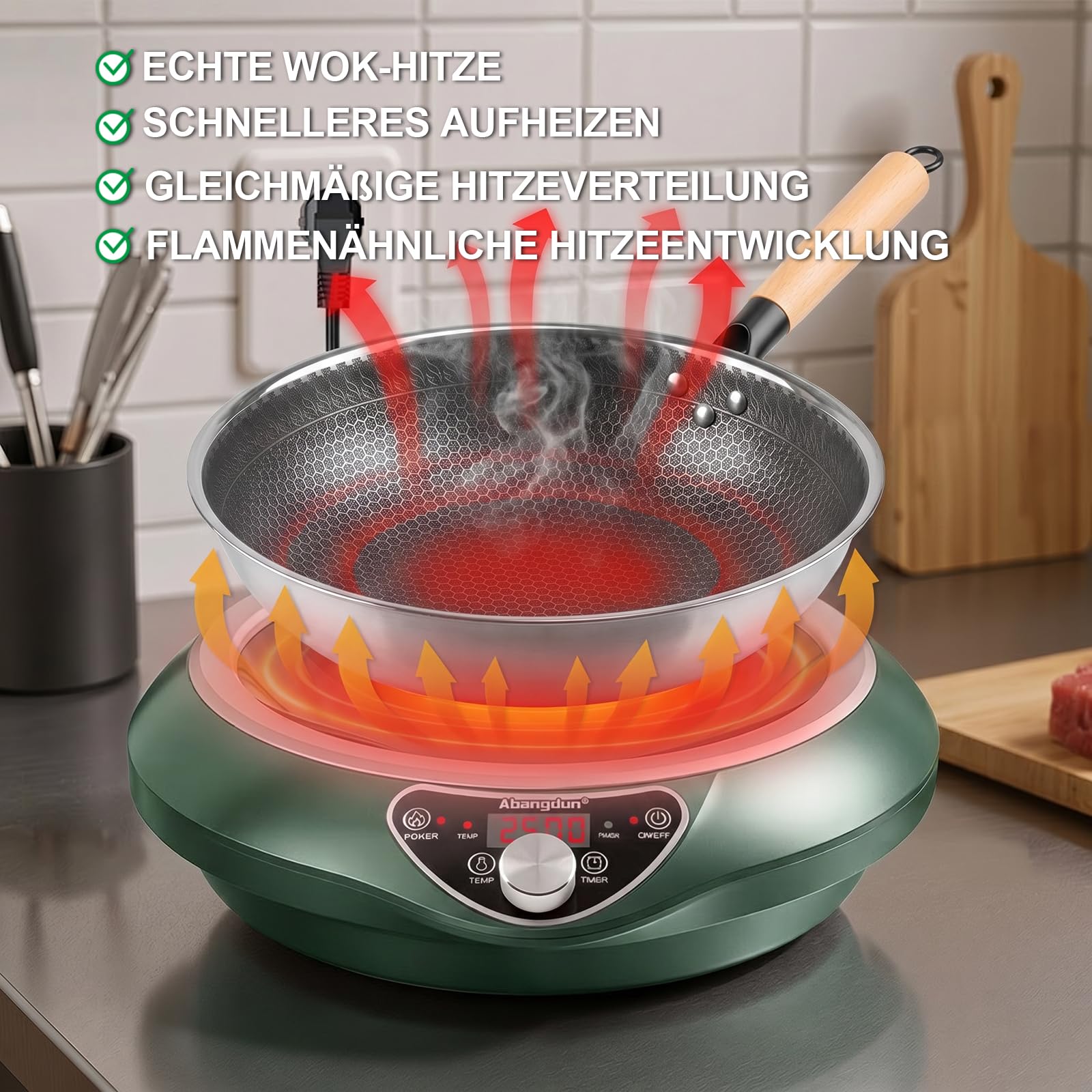 Induktionskochplatte mit Wok, 2500W Induktionskochfeld 1 Platte Kochplatte Induktion mit 16 Leistungsstufen, 200W-2500Watt,Temperaturbereich 80-240°C, LED Display, 18-Stunden-Timer, 190-275V