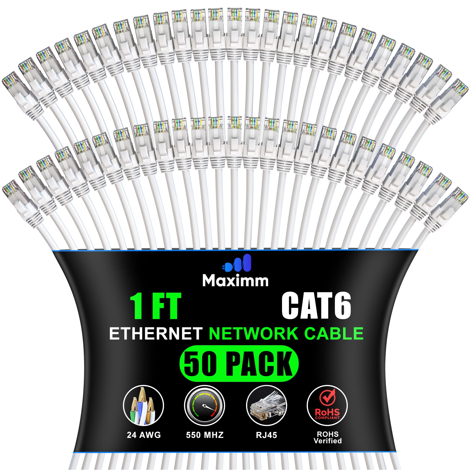 Maximm Cat 6 Ethernet-Kabel 0,3 m (50er-Pack) – Hochgeschwindigkeitslan Kabel, Internetkabel, Patchkabel und Netzwerkkabel – UTP 10 Gbit/s, 550 MHz Ethernet-Kabel – Weiß