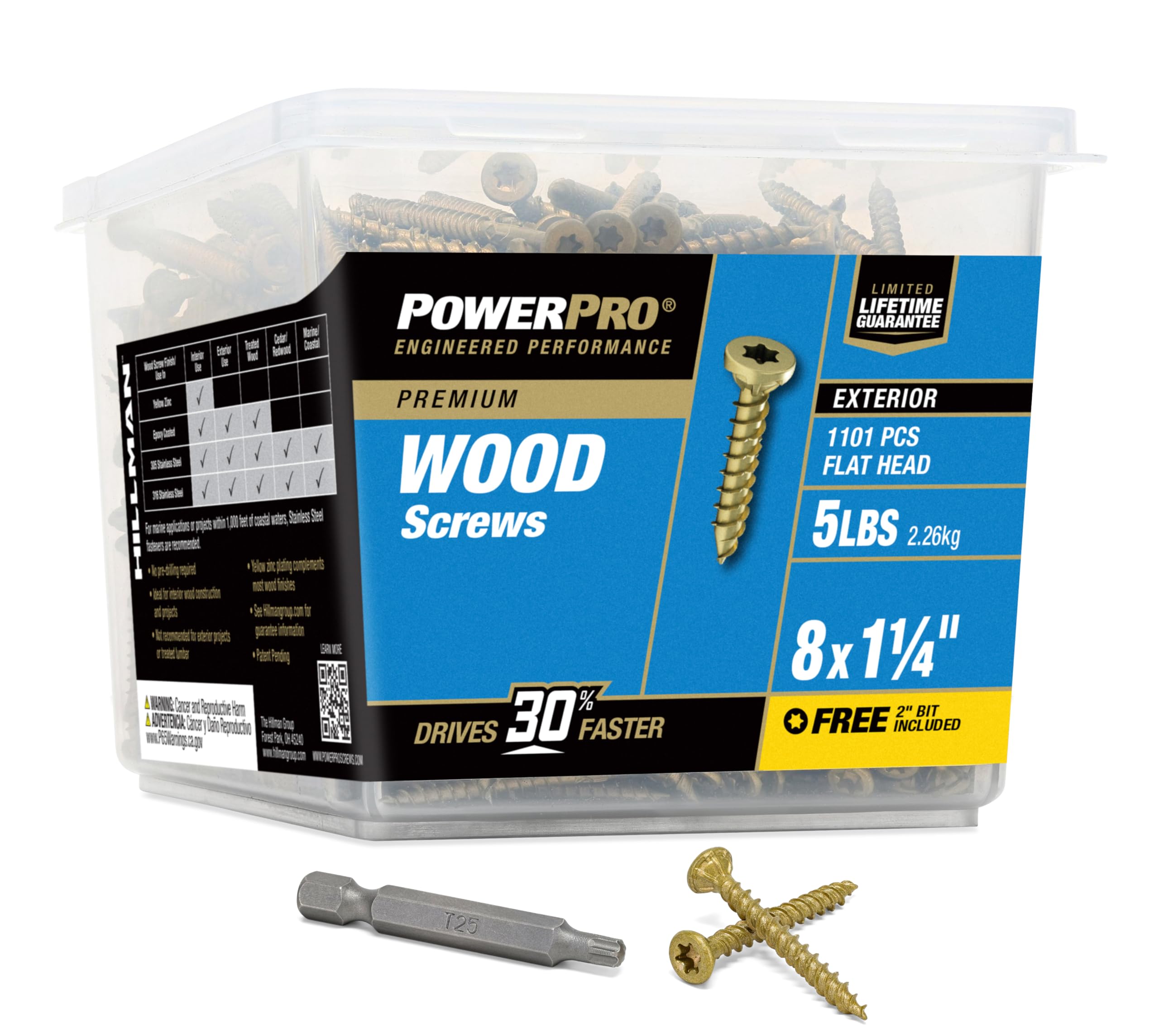 Power Pro Premium Exterior Wood Screws, #8 x 1-1/4"Inch All-Purpose Deck Screws for Outdoor Projects, T-25 Star Bit Included, Bronze, 1101 Pieces | 48605V4