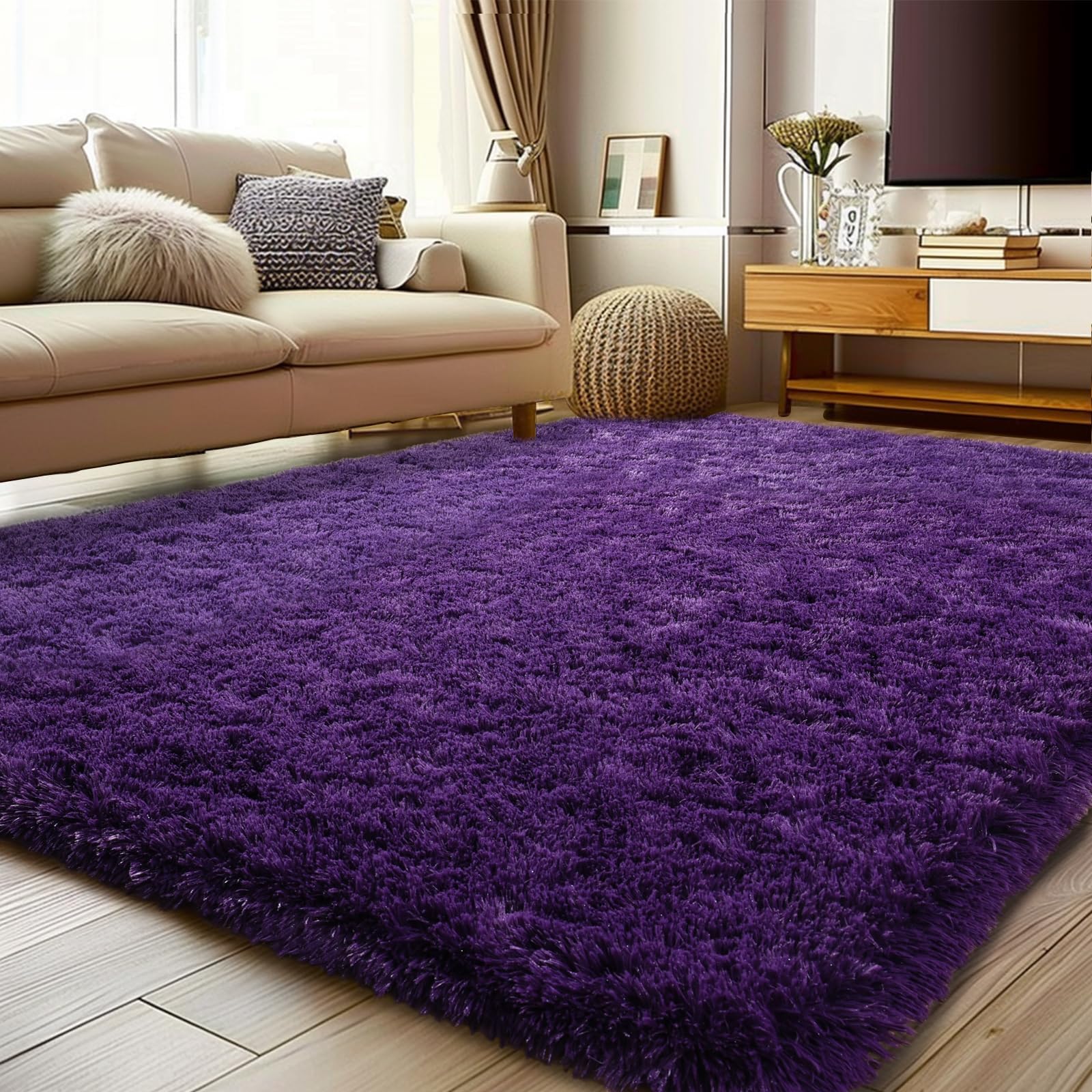 Soft Shag Rugs for Bedroom, 4x6 Purple Fluffy Shaggy Rugs for Living Room Nursery, Luxury Modern Plush Carpet Girls Boys Kids Room Dorm Indoor Home Decor, Upgrade Non-Slip