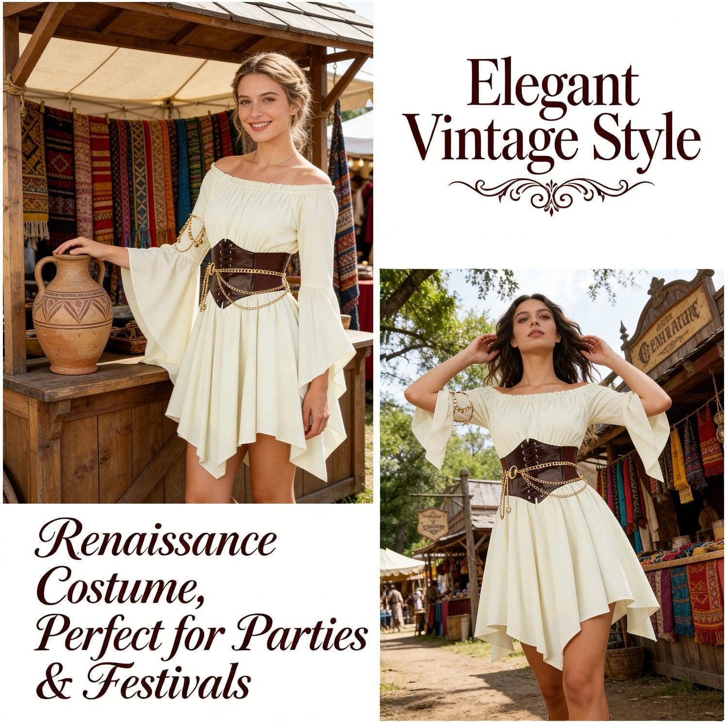 Pirate Costume Women Renaissance Dress Off Shoulder Bell Sleeve Fairy Dress with Arm chain Waist Belt, waist chain