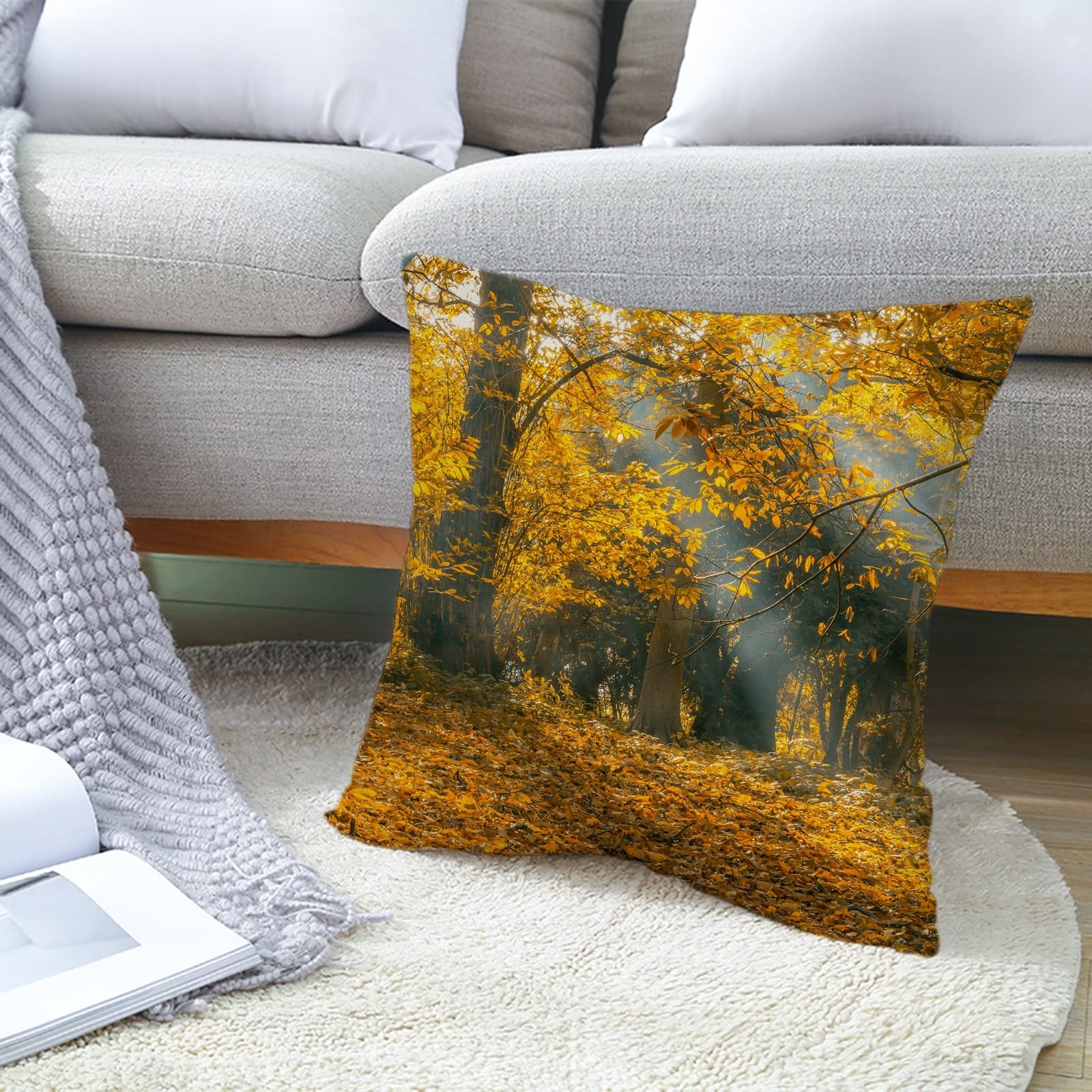 4 fundas de almohada de 50 x 50 cm, color marrón y amarillo, diseño de árbol de otoño y lino