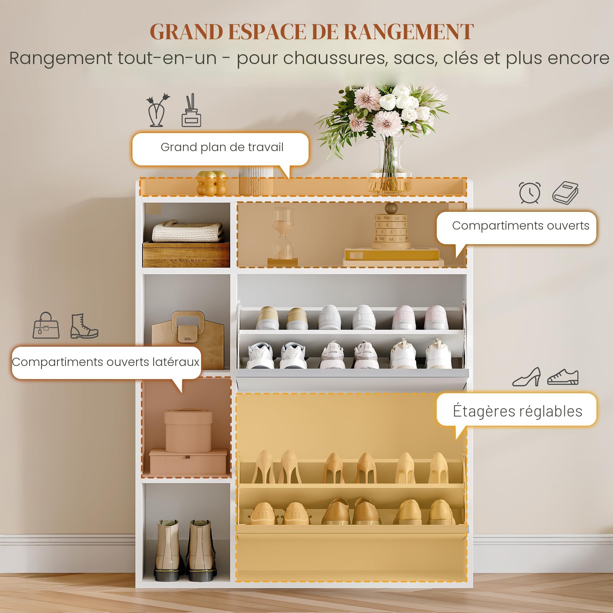 HEXCELEN Meuble à Chaussures avec 2 Portes, 5 Compartiments, Blanc | Armoire à Chaussures, Séparateur Réglables, 8 à 12 Paires, pour Entrée, Salon, 84,7 x 24 x 102 cm