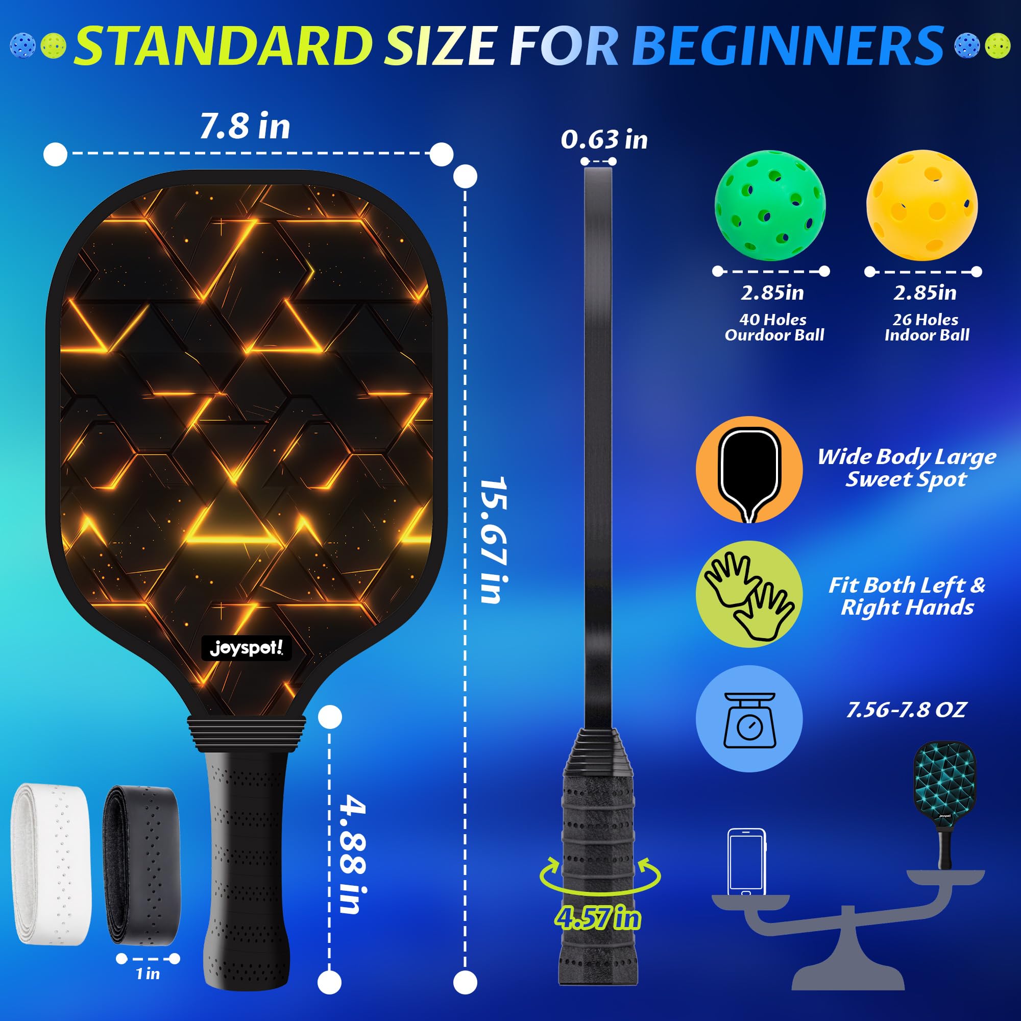 JOY SPOT! Pickleball Schläger 2 Pack mit 4 Bällen und Tragetasche – Leichte Schläger mit Fiberglas-Oberfläche für Männer, Frauen und Anfänger – Perfekt für das Spielen im Innen- und Außenbereich