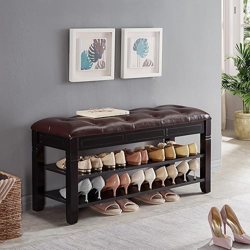Miniatura 2 de ZIRKOOON Banco de almacenamiento de zapatos, zapatero de entrada con asiento de cuero, organizador de 2 niveles, banco de madera para entrada,