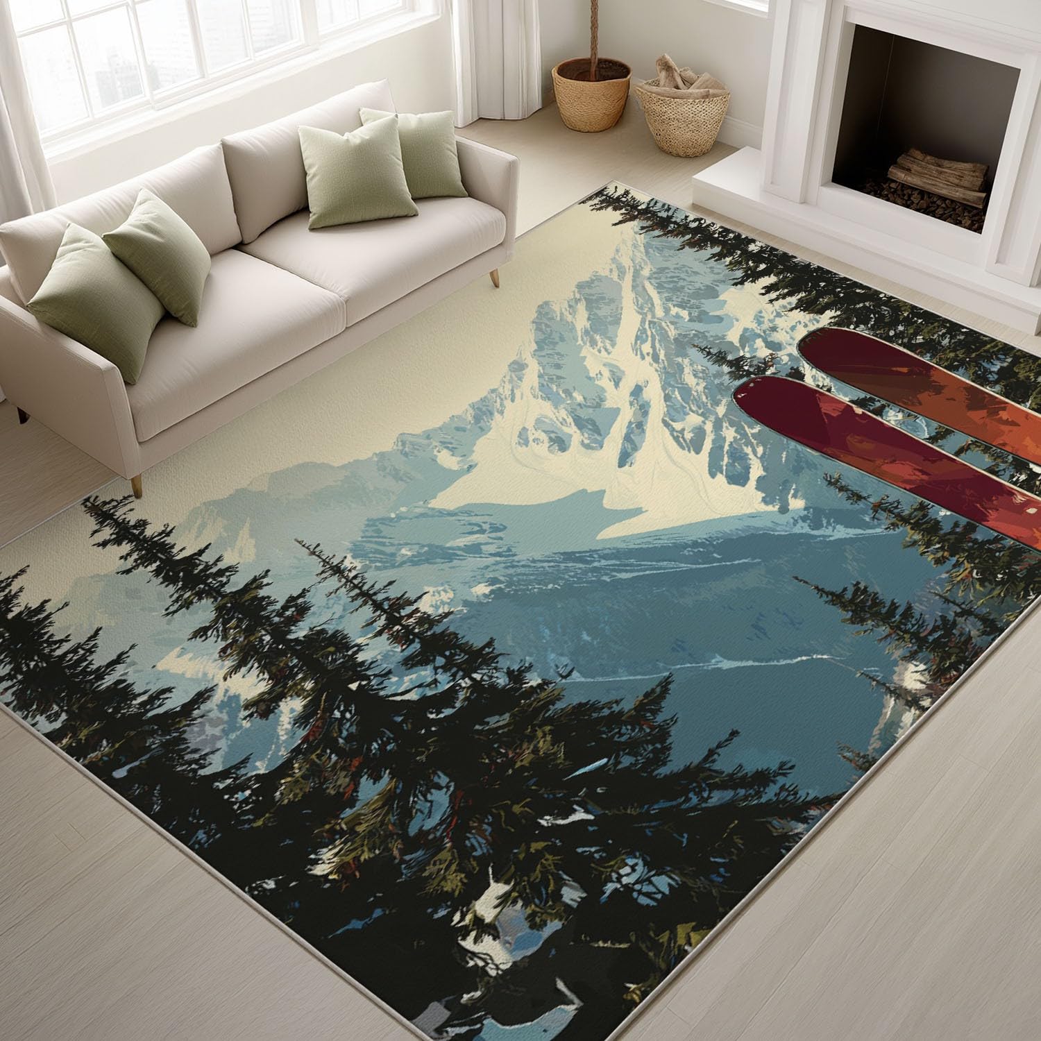 Tapis de cuisine blanc antidérapant et lavable motif snowboard