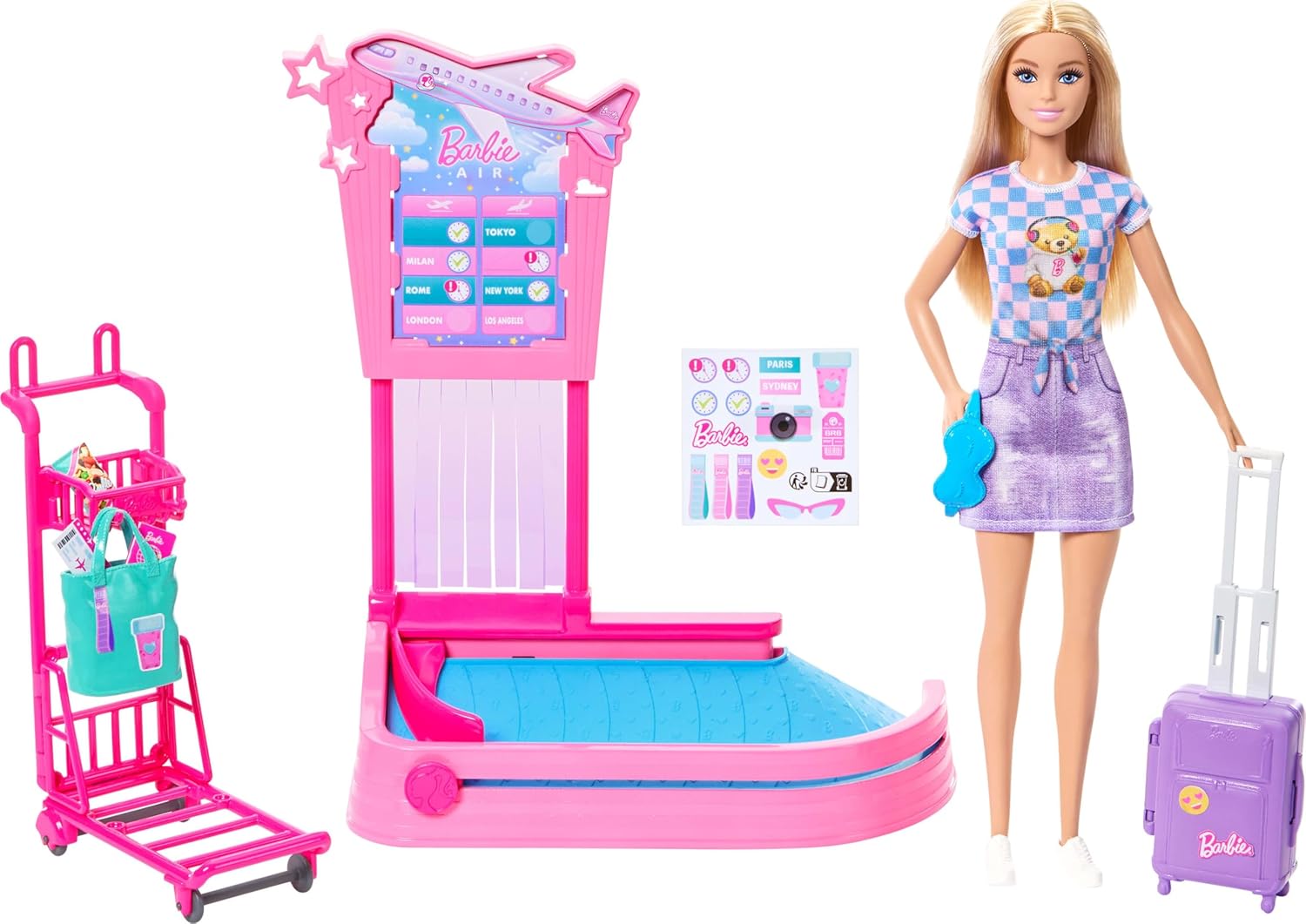Barbie ‘Malibu’ Family & Friends Limitless Adventure Blonde Fashion Doll with Baggage Claim, Luggage, Trolly, Conveyer Belt and Carry-On