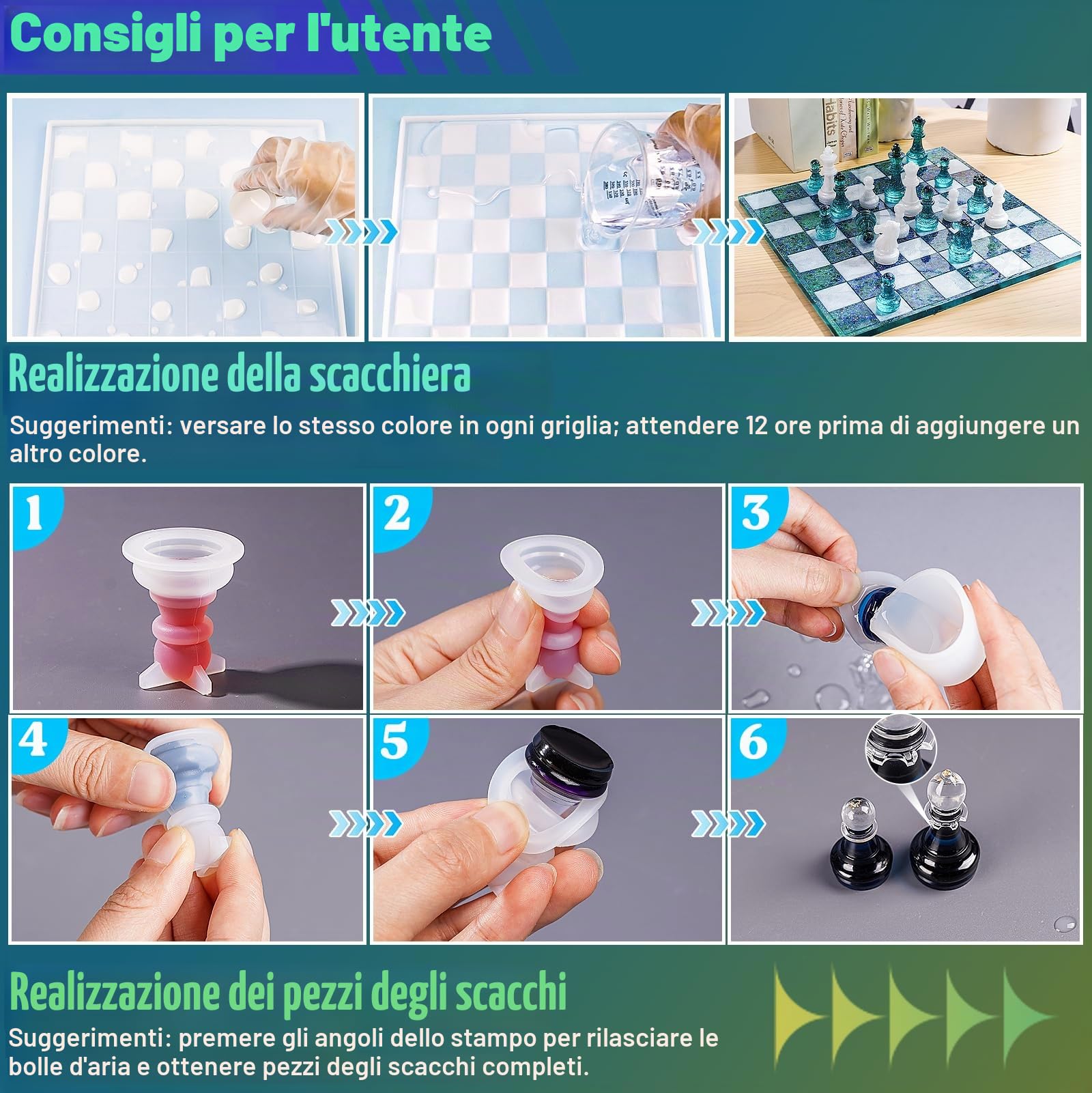 LET'S RESIN Set di Scacchi in Resina - Stampi a Scacchiera per Colata con 16 Pezzi 3D a Grandezza Naturale - Stampi in Resina Epossidica per Giochi