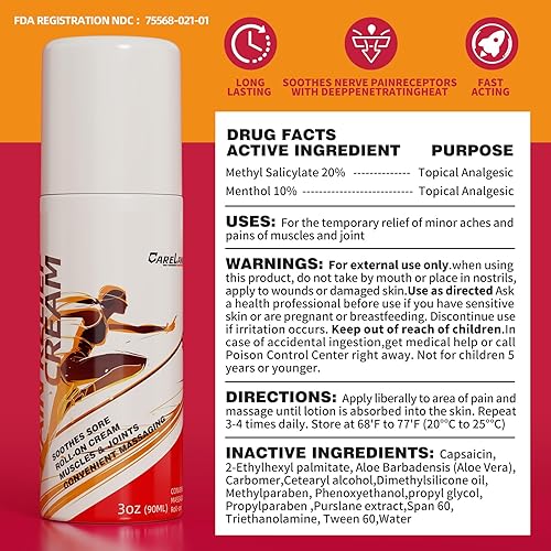Miniatura 5 de CARELAND Paquete de 3 unidades de capsaicina Roll On Cream para aliviar el dolor con fórmula de mentol y salicilato de metilo, 3 onzas, alivio del
