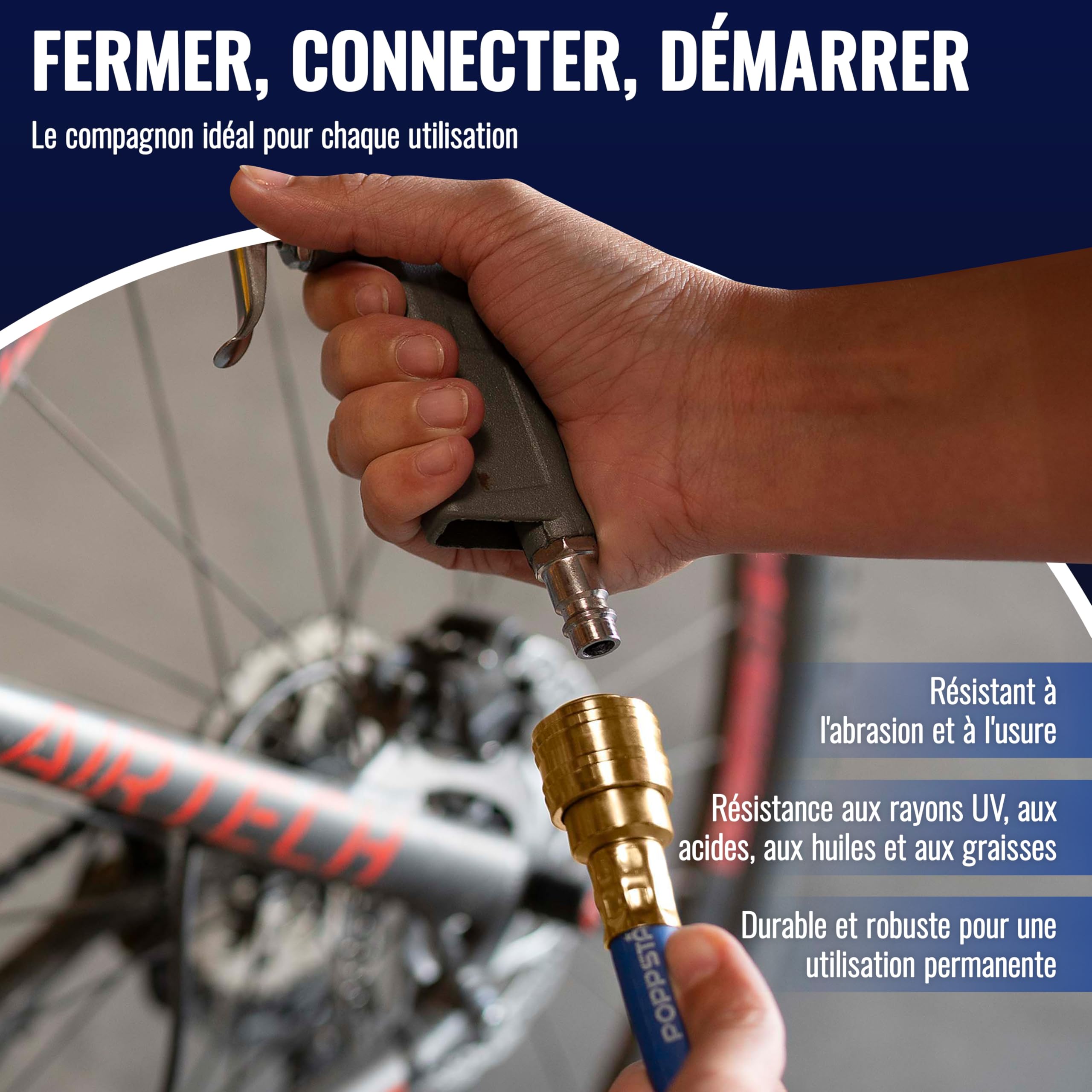 Poppstar Tuyau à Air Comprimé PVC Hybride 50m, Diamètre Intérieur 6mm, Raccord Rapide en Laiton 1/4", 20 bar, Bleu
