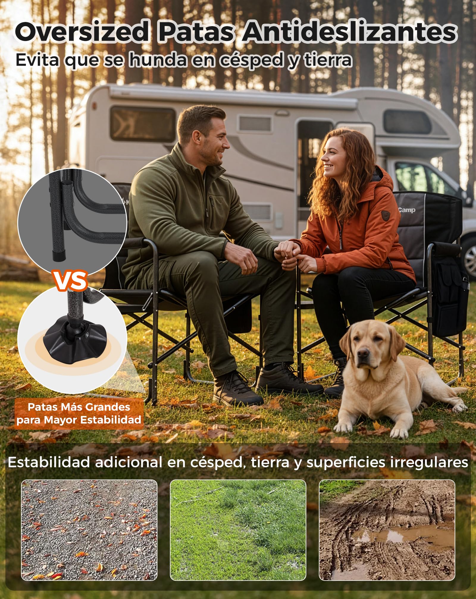 KingCamp Silla de Director Camping Plegable, hasta 200 kg | Silla de Camping Plegable Acolchada para Adultos, Mesa Lateral y Bolsillos Laterales, Silla Portátil de Pesca Camping Jardín