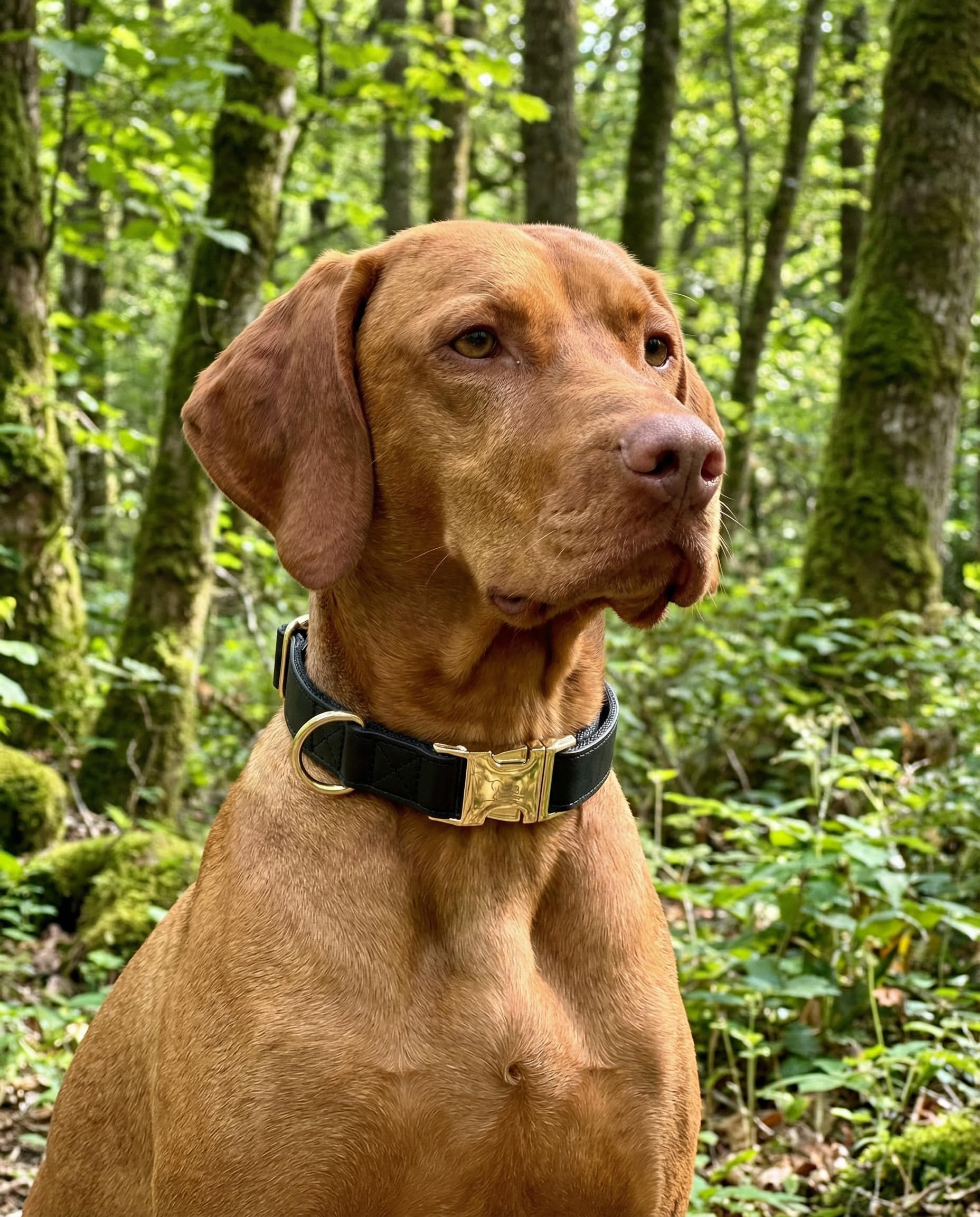 Midnight Hundehalsband & Leine Set | Veganes Leder Schwarz/Gold | Verstellbar | Kleine & mittelgroße Hunde (S/M 29–41 cm)