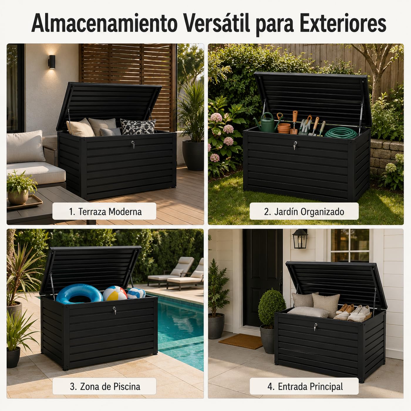Arcón metálico Exterior 120 × 60 × 61 cm con Tapa hidráulica y Cerradura – Acero Resistente a la Intemperie, Base Antideslizante, Esquinas Antideslizantes, jardín terraza y balcón (Negro)