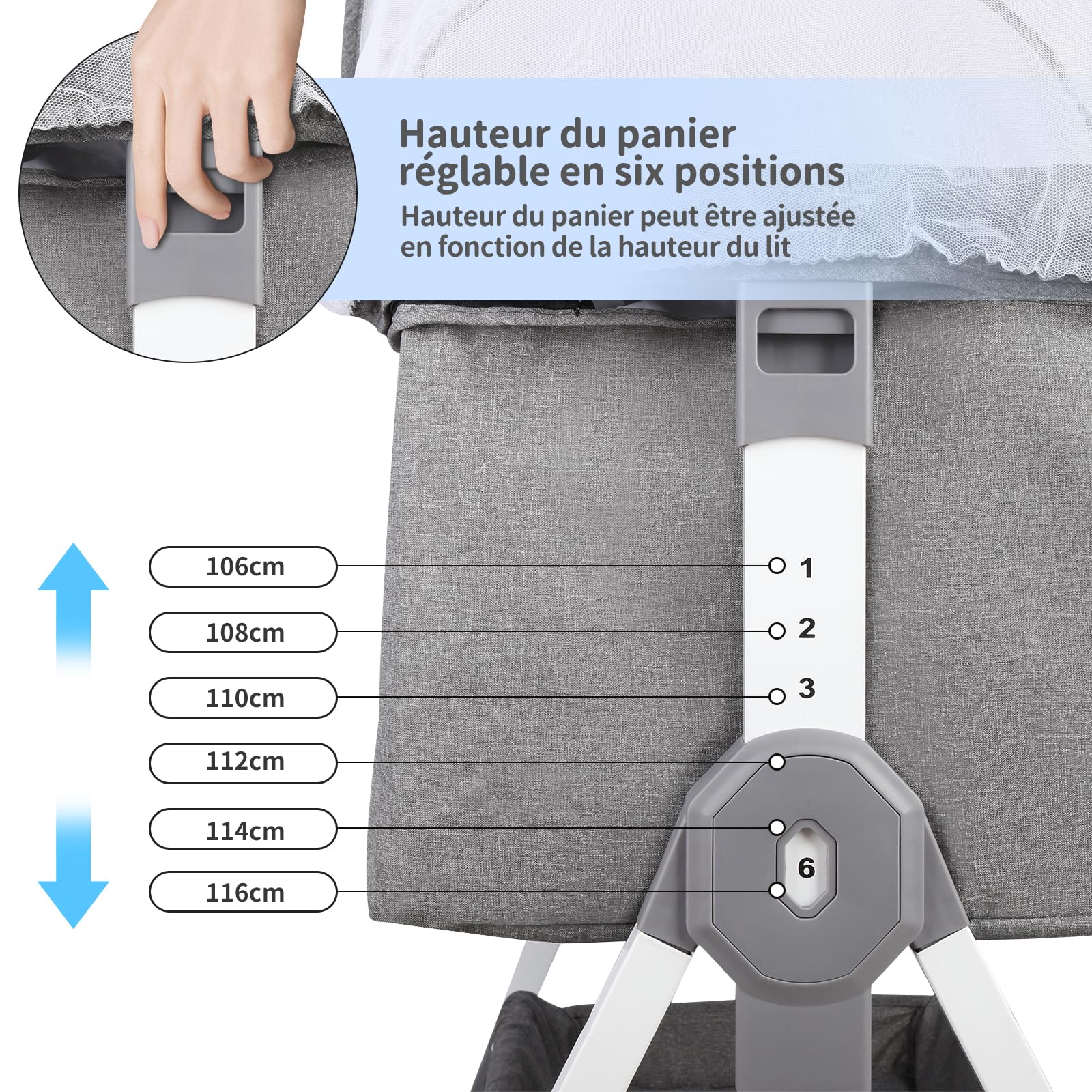 OHMG 4 in 1 Culla Neonato Fianco Letto,Culla da affiancare,Culla da Campeggio con Materasso e Cinghia Fissaggio,Regolabile In Altezza 6 Posizioni,per Bambini 0-6 Mesi (Grigio (80x40x100-115cm))