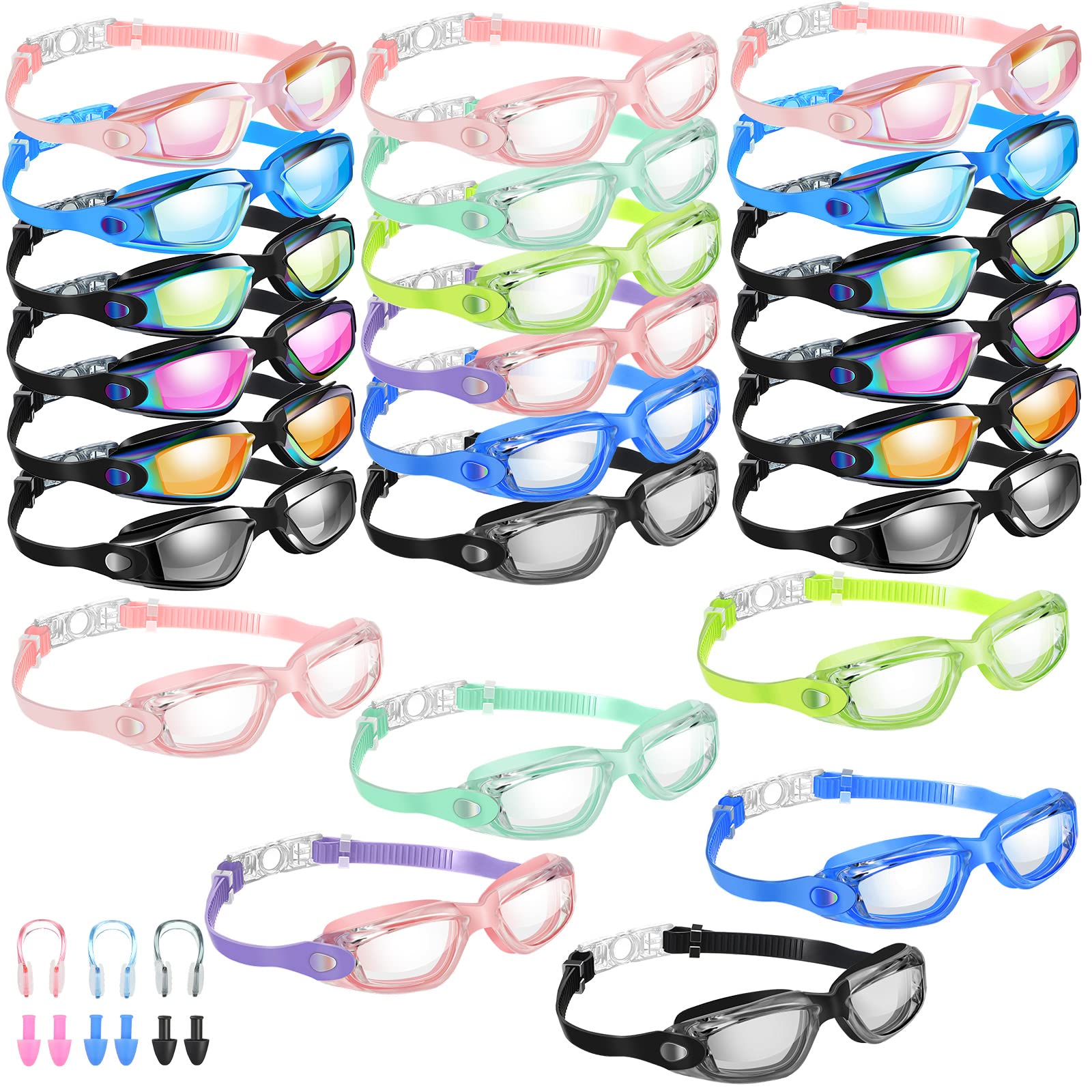 Konohan Paquete de 24 gafas de natación a granel para niños y adultos, gafas de piscina de silicona antivaho, sin fugas, para hombres, mujeres y jóvenes