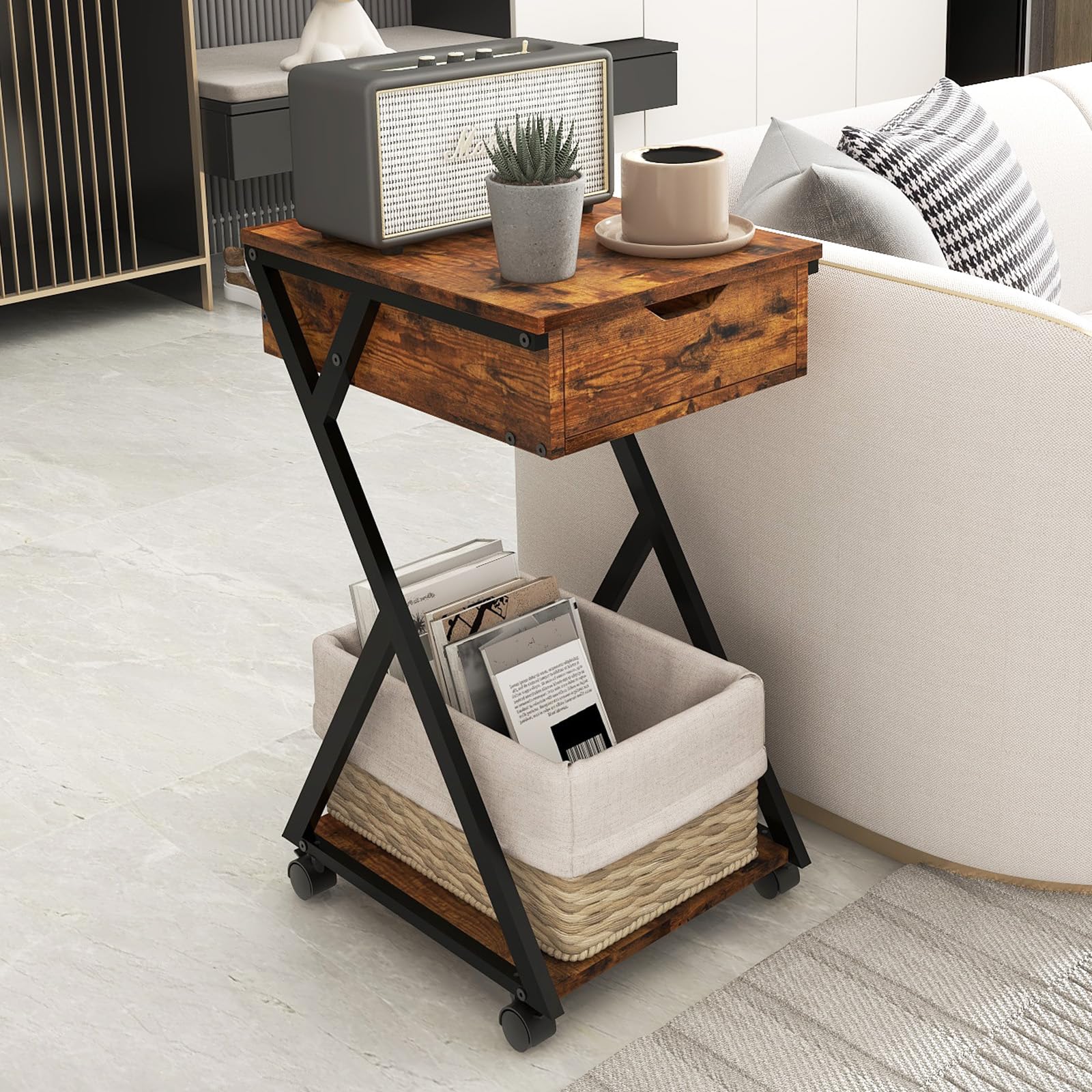 PUNCIA Under Desk Storage Stand Under The Table Rolling Cabinet with Lockable Wheels Laptop Bag Backpack Organizer Cart with Shelf Modern End Side Table with Drawer Wood Furniture for Home Office