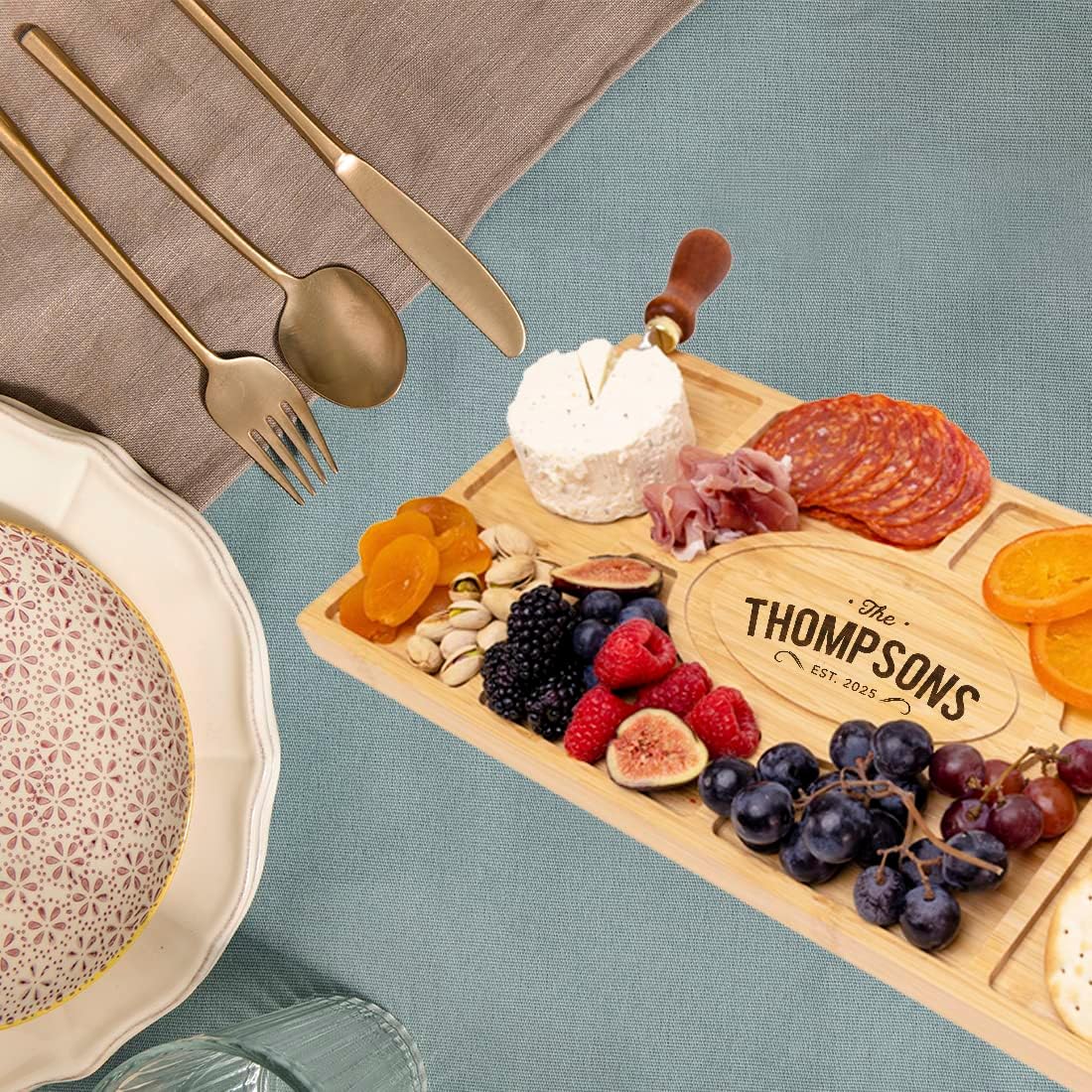 Andaz Press X-Large Personalized Charcuterie Board Gift, Custom Engraved Bamboo Wood Plank with Swirls, Tray Serving Platter Cheese Board, Cutting Board Wedding Anniversary Housewarming Christmas Gift