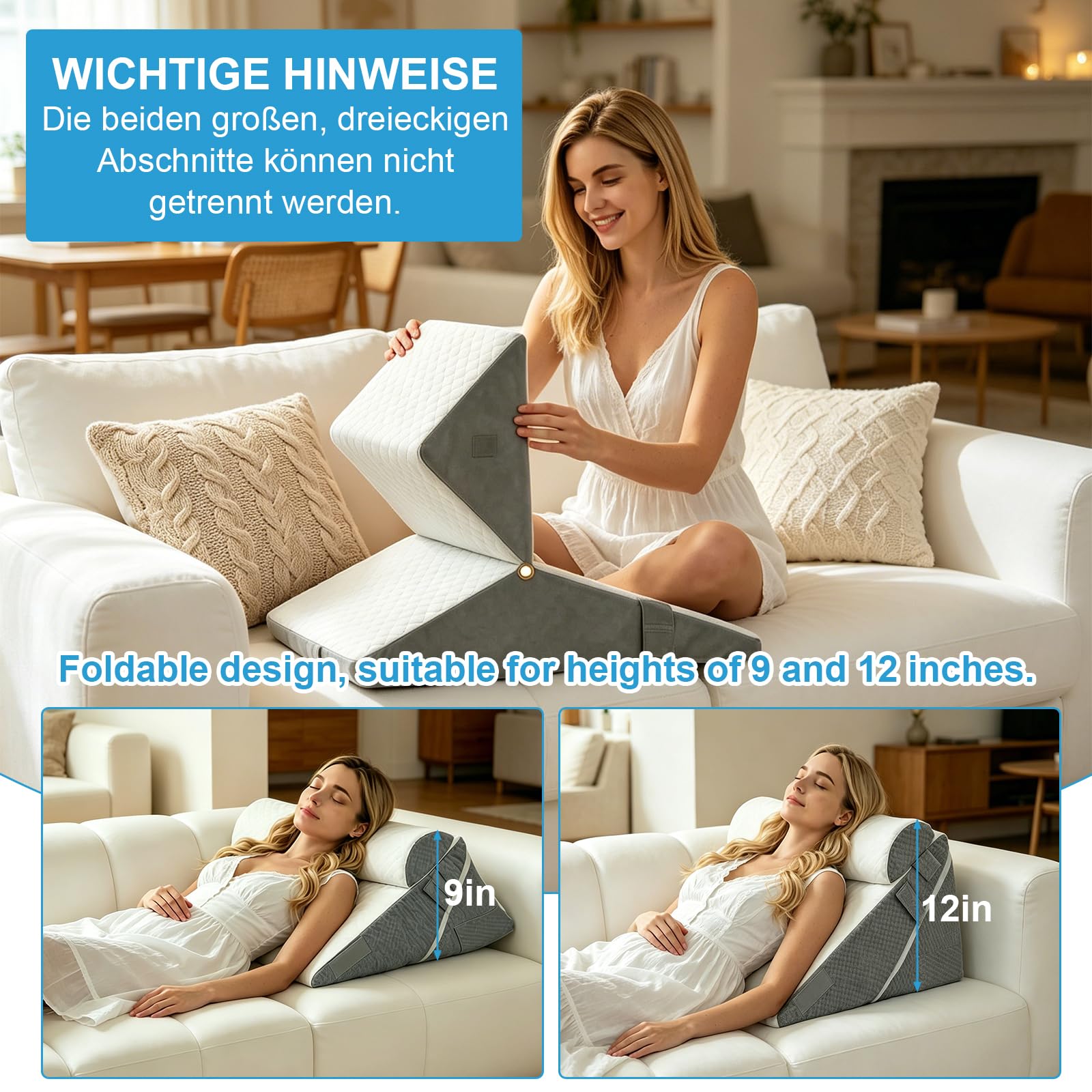 Orthopädische Keilkissen 3er-Set, Höhenverstellbar 9''/12'', für Reflux-Linderung, Rückenunterstützung, Lesekissen für Bett und Sofa