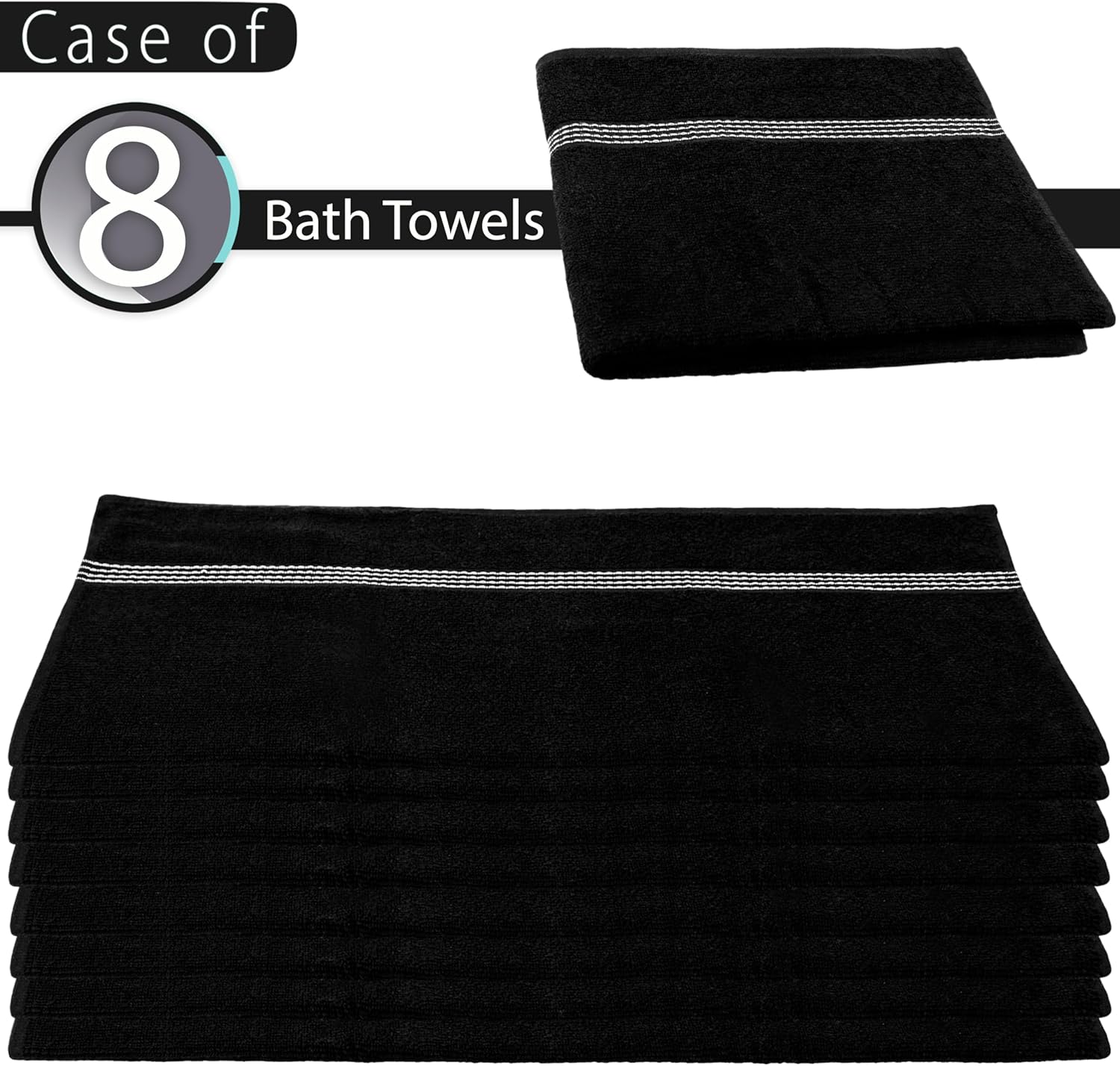 Moda West 8-Pack Premium Value Bath Towels – 80% Cotton, 20% Polyester, 27"x50", Black