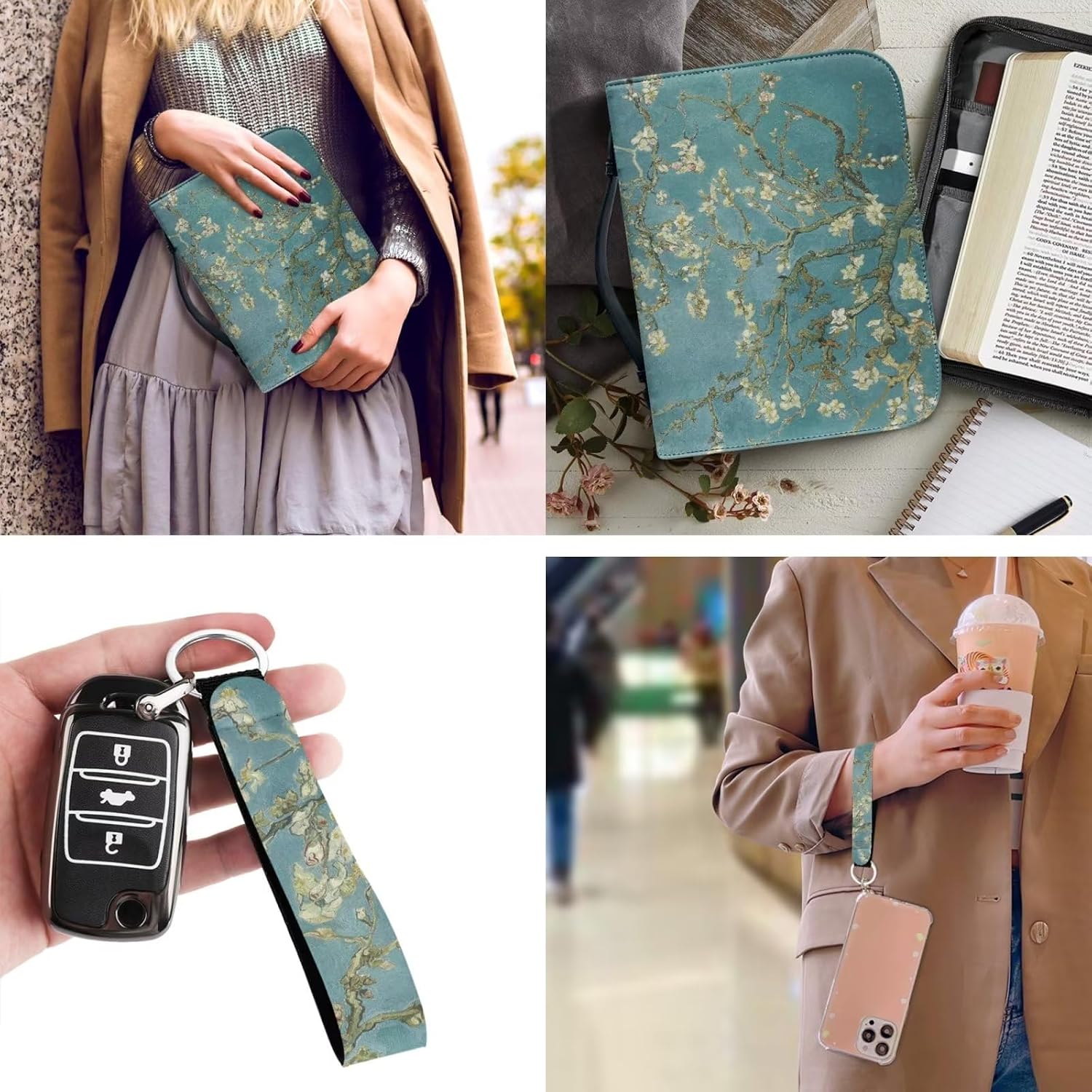 Almond Blossom Bible Covers for Women Multi-Purpose Bible Holder Case PU Leather Bible Tote Bag Metal Key Chain Accessories Car Keychain