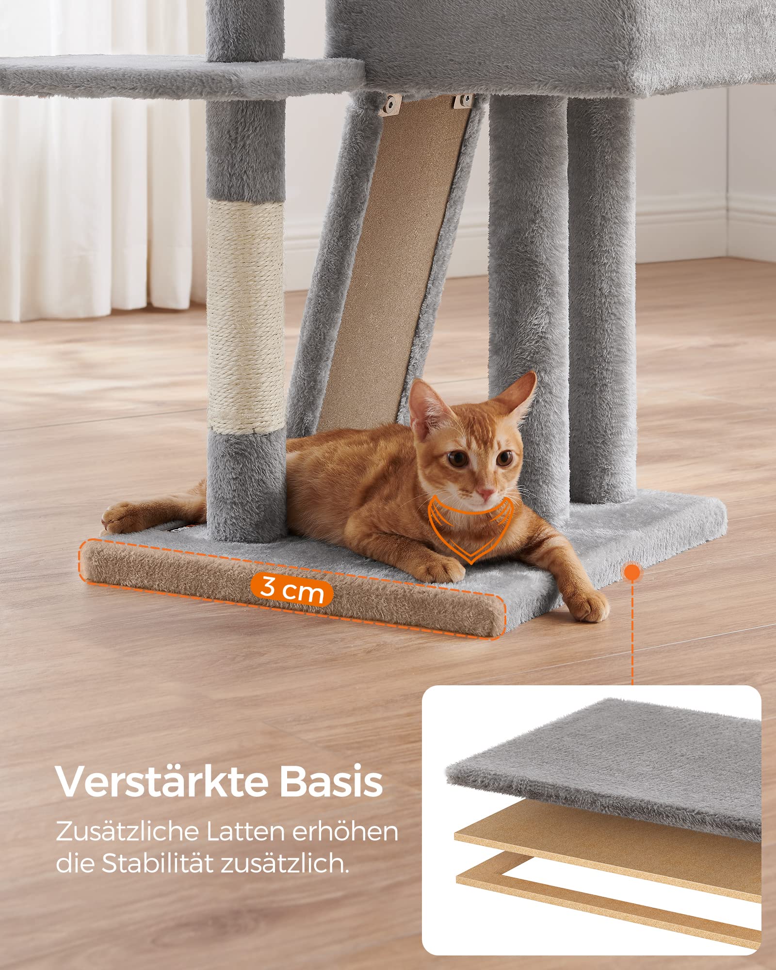 Feandrea Kratzbaum, 135 cm Kleiner Katzenbaum, mehrstöckiger Plüsch-Katzekratzbaum mit waschbarer, Abnehmbarer Sitzstange, Kratzstamm, Korb, Höhle, hellgrau