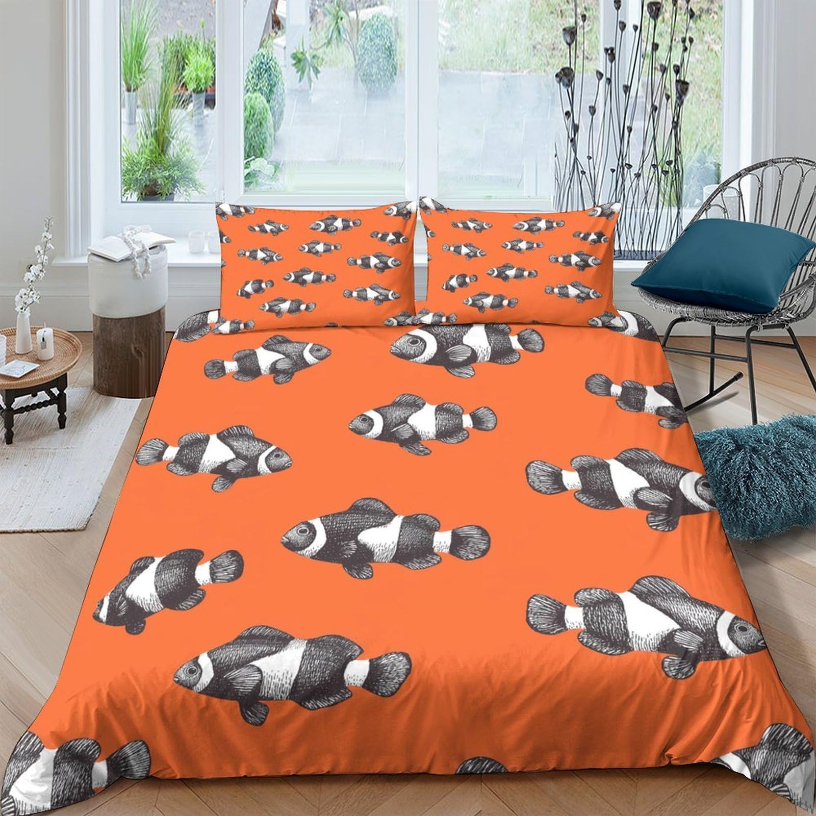 Ctjqhvkz Style-8 3D Printed Clownfish Orange Fitted Sheet Microfiber Breathable Fish Pattern Mattress Cover Bedroom Dorm Protector Single（135X200cm）