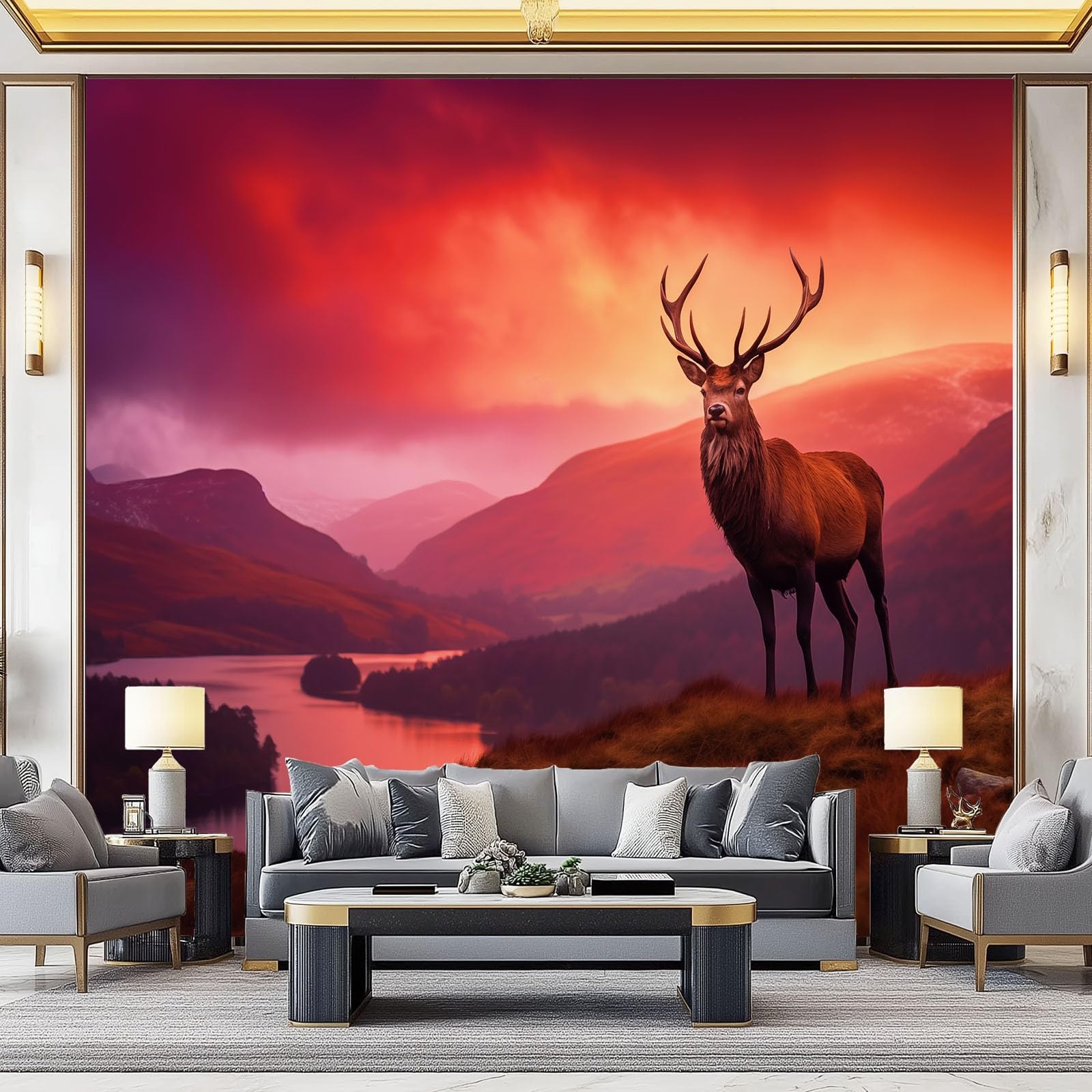 Ciemnoczerwony Panoramiczny Tapeta - Zachód Słońca Zwierzęta Jeleń Fototapeta Artystyczna 400 x 280 cm Tapeta z włókniny Dekoracja ścienna Salon Biuro Sypialnia