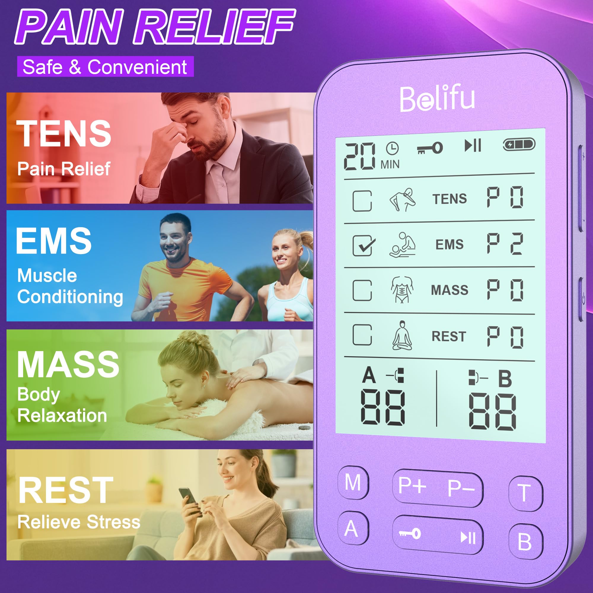 Belifu TENS Muscle Stimulator Unit for Pain Relief, Electronic Pulse Therapy Machine with 36 Mode 20 Intensities, Rechargeable & Portable – Neck, Back, Shoulder, Joint Pain Relief, Color Purple — Amazon image 2
