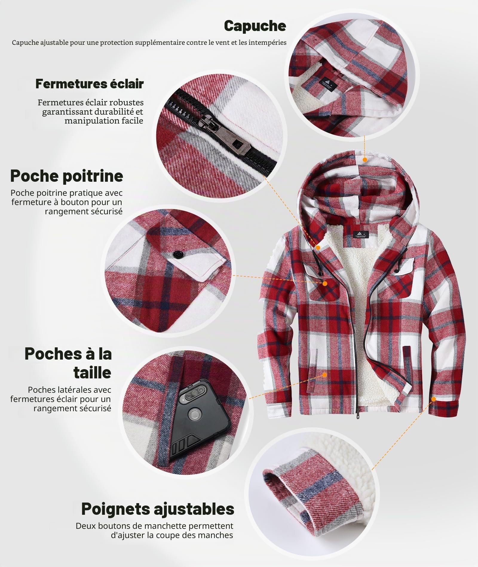 JACKETOWN Veste Polaire Homme Avec Capuche Chemise En Flanelle à Carreaux Veste Mi-Saison Chaude Doublée Manteau Décontracté Avec Poches Idéale Pour L’automne Et L’hiver