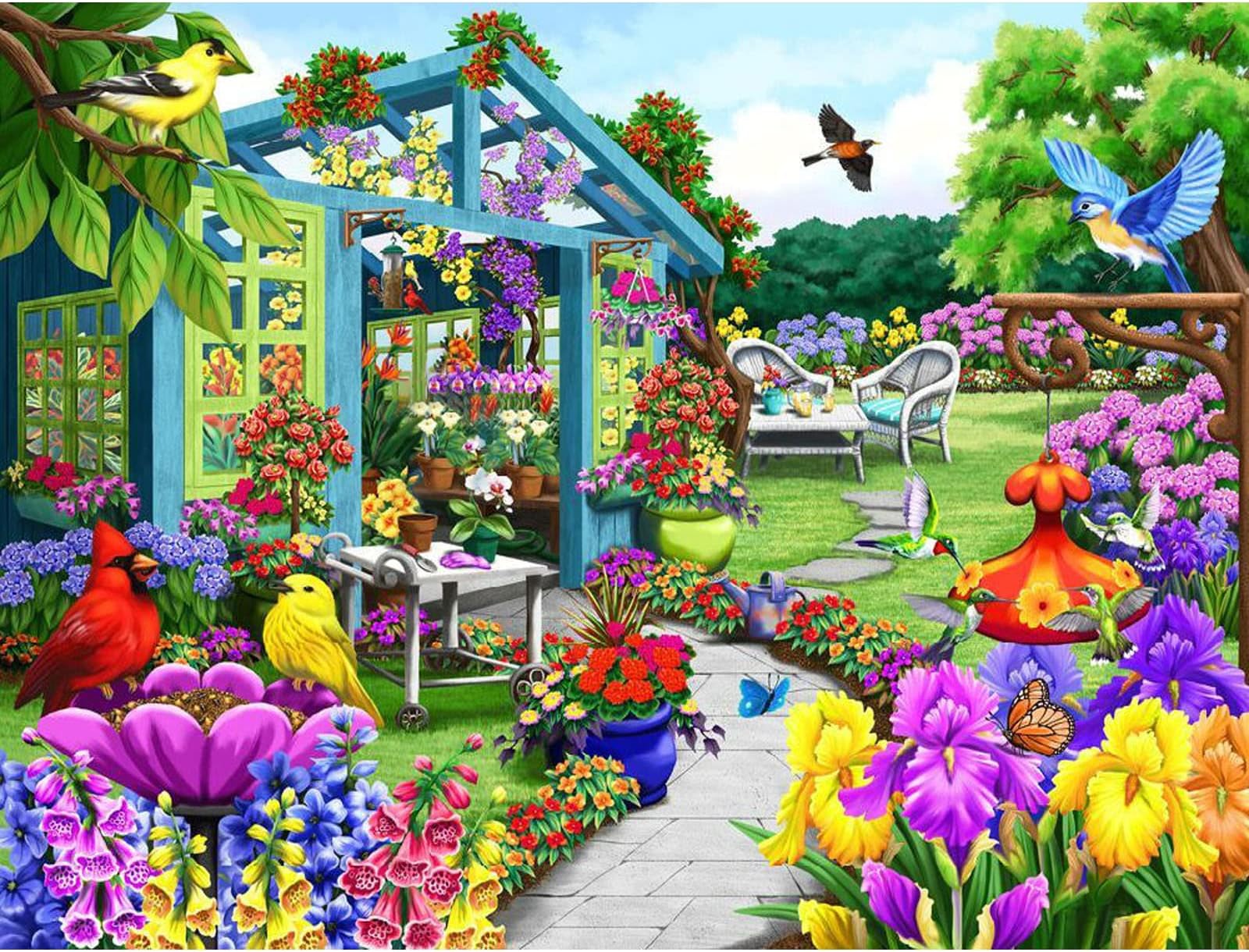 MXJSUA Diamond Painting Kits for Adults, Spring Garden Round Full Drill Diamond Art Kits, 5D DIY Diamond Painting by Number Kits Diamond Gem Beads Art Kits for Home Wall Decor 16x12 Inch