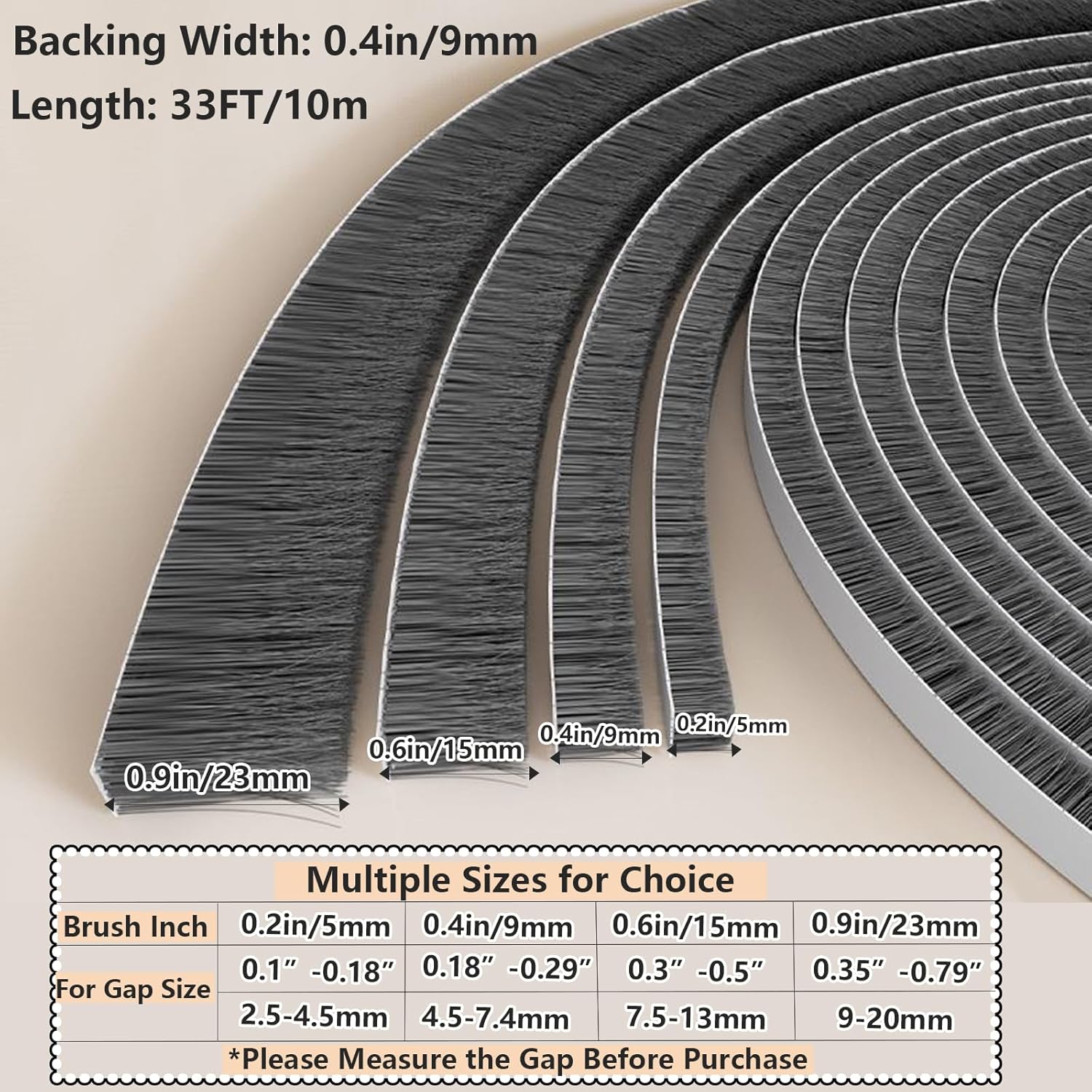 Strong Adhesive Brush Weather Stripping,0.2in (T x 0.4in (W) x 66FT,Grey,Door Seal for Sliding Windows & Doors,Soundproof Noise Blocker,Draft Stopper for Garage Door Frame & Exterior Doors