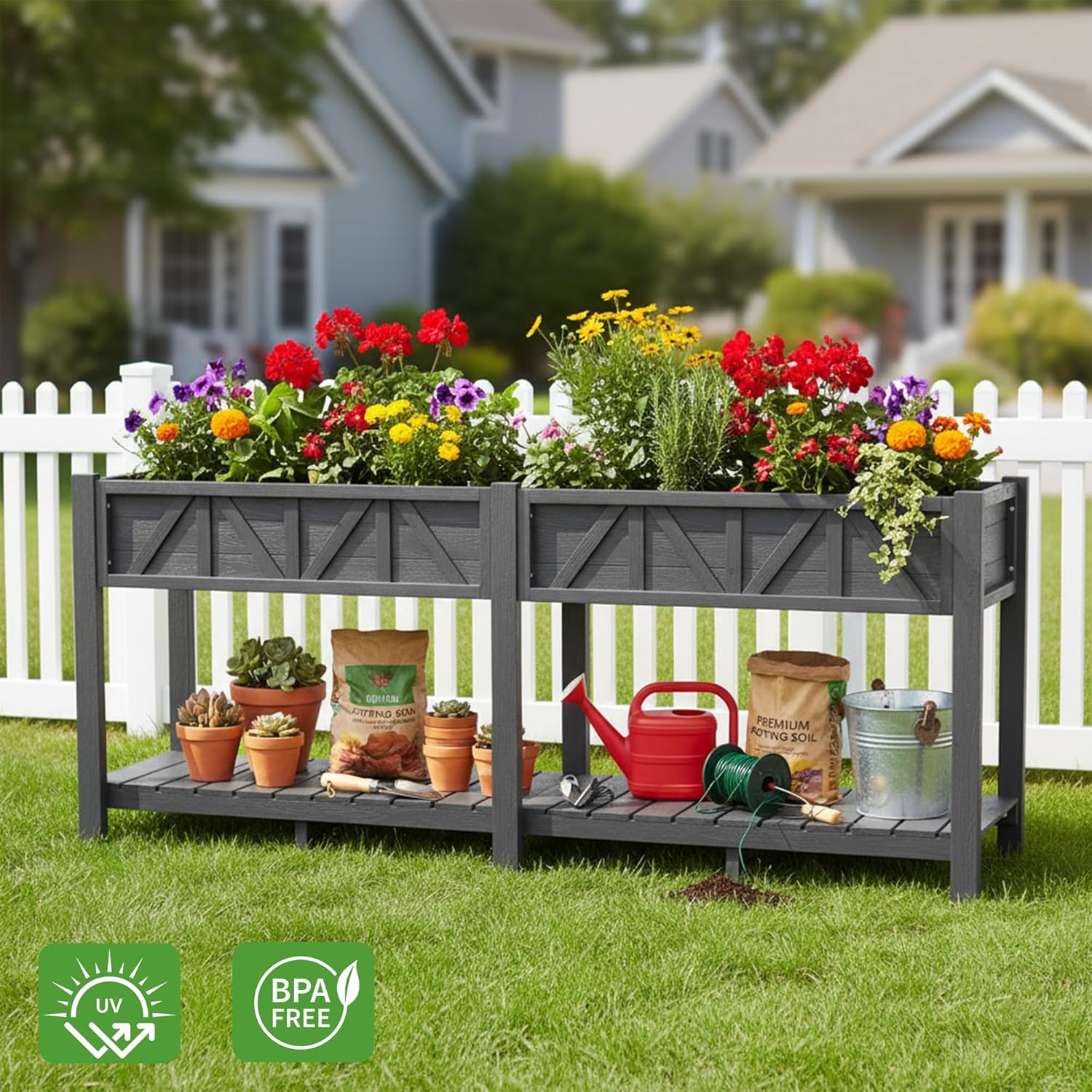 HIPS Elevated Raised Garden Bed with Legs,72"L x 17.3"W x 28.7"H Large Outdoor Planter Box with Storage Rack,All-Weather Raised Bed Planters with 6 Hooks & 2 Non-Woven Liner for Vegetables Flower Herb