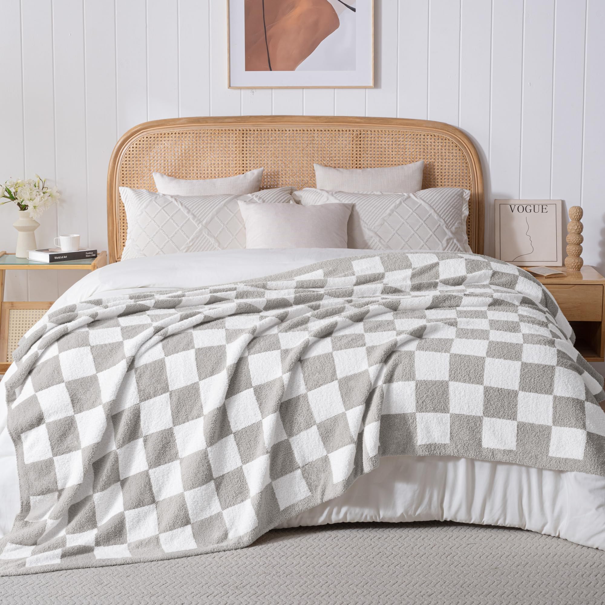 Exclusivo Mezcla Karierte Decke, Weiche Gestrickte Kuscheldecke, Kuschelige Karo Fleecedecke, Leichte Flauschige Decke für Sofa und Bett, 220x240 cm, Hellgrau