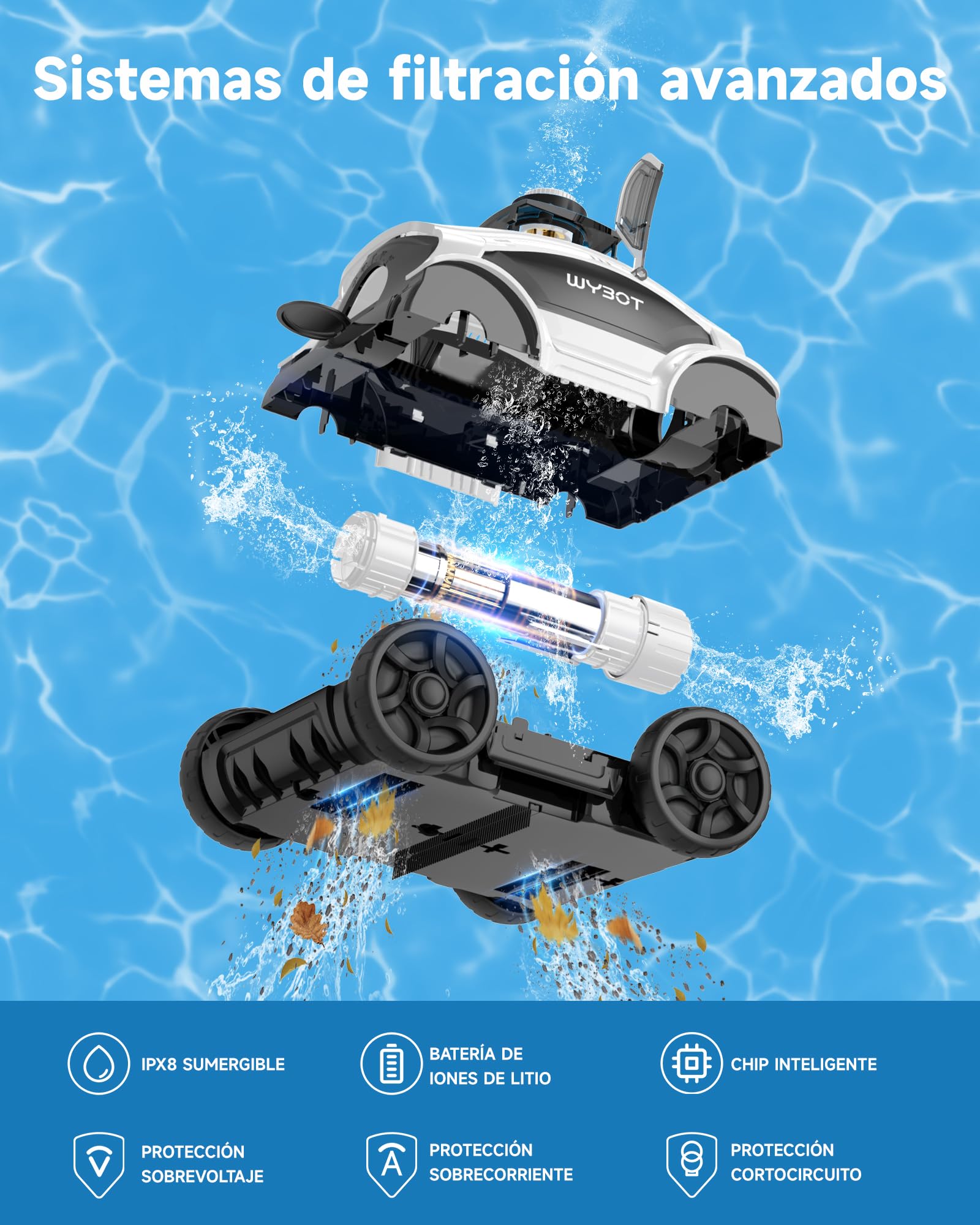 WYBOT Osprey 300II Robot Limpiafondos Piscina Automatico con Batería, Sin Cable, Aspirador Piscina para Piscinas Desmontables 100 m², Motores Dobles, Boquilla Ajustable, 120 Min (Blanco Negro)