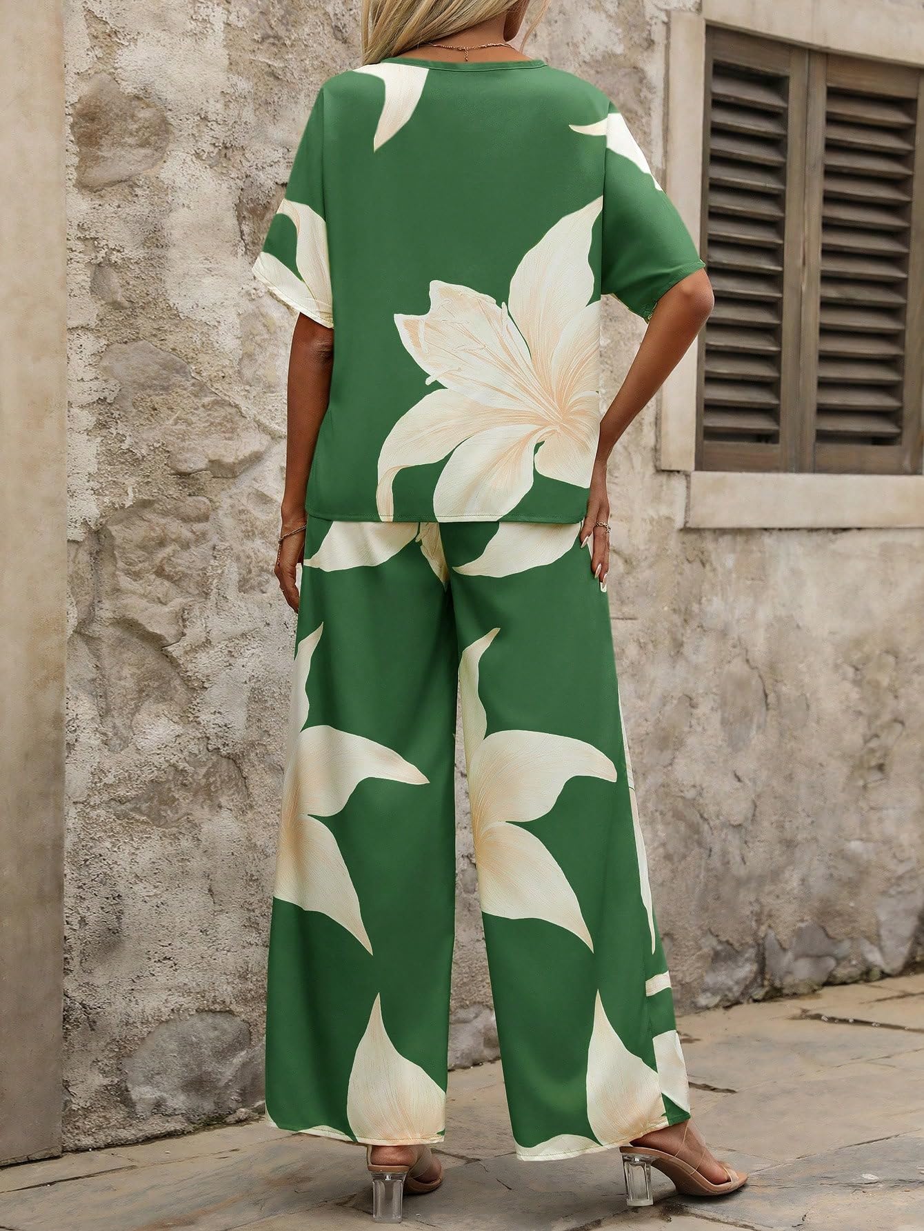 Shasmi Women's Casual Elegant Green Floral Printed Batwing V-Neck Blouse, Sleeve Shirt, Wide Long Pants for Ladies 2pcs/Set, Spring Outfits For Women (Co-Ods 189 Green-2XL) - Image 3 thumbnail