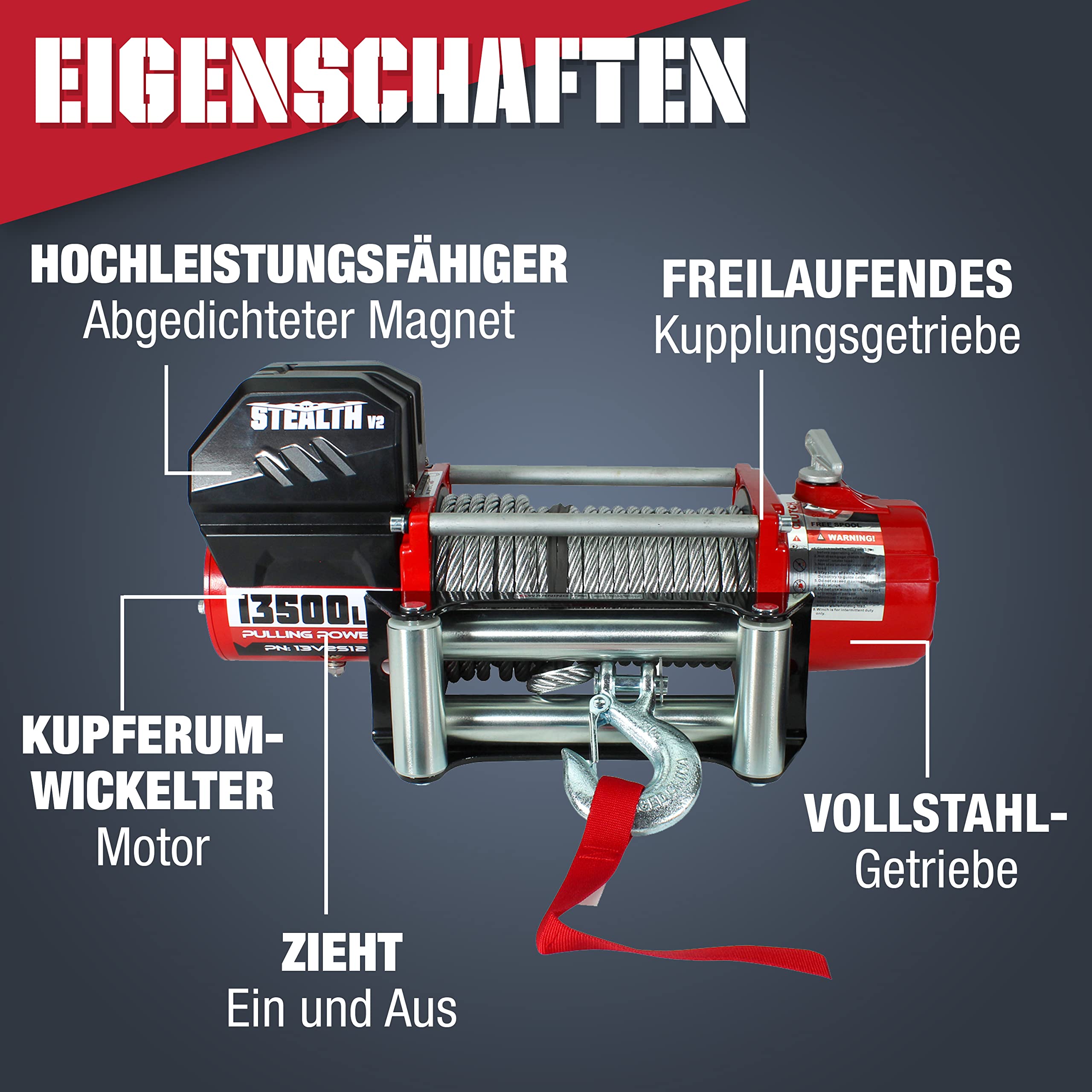 Stealth V2 13500lb 12v Kabellose Budget-Bergeseilwinde - Hochleistungsmotor, Vollstahl-Getriebe, Schwerlast-Dichtring-Solenoid, 2 Drahtlose Fernbedienungen, Benutzerfreundlich - Stahlseil