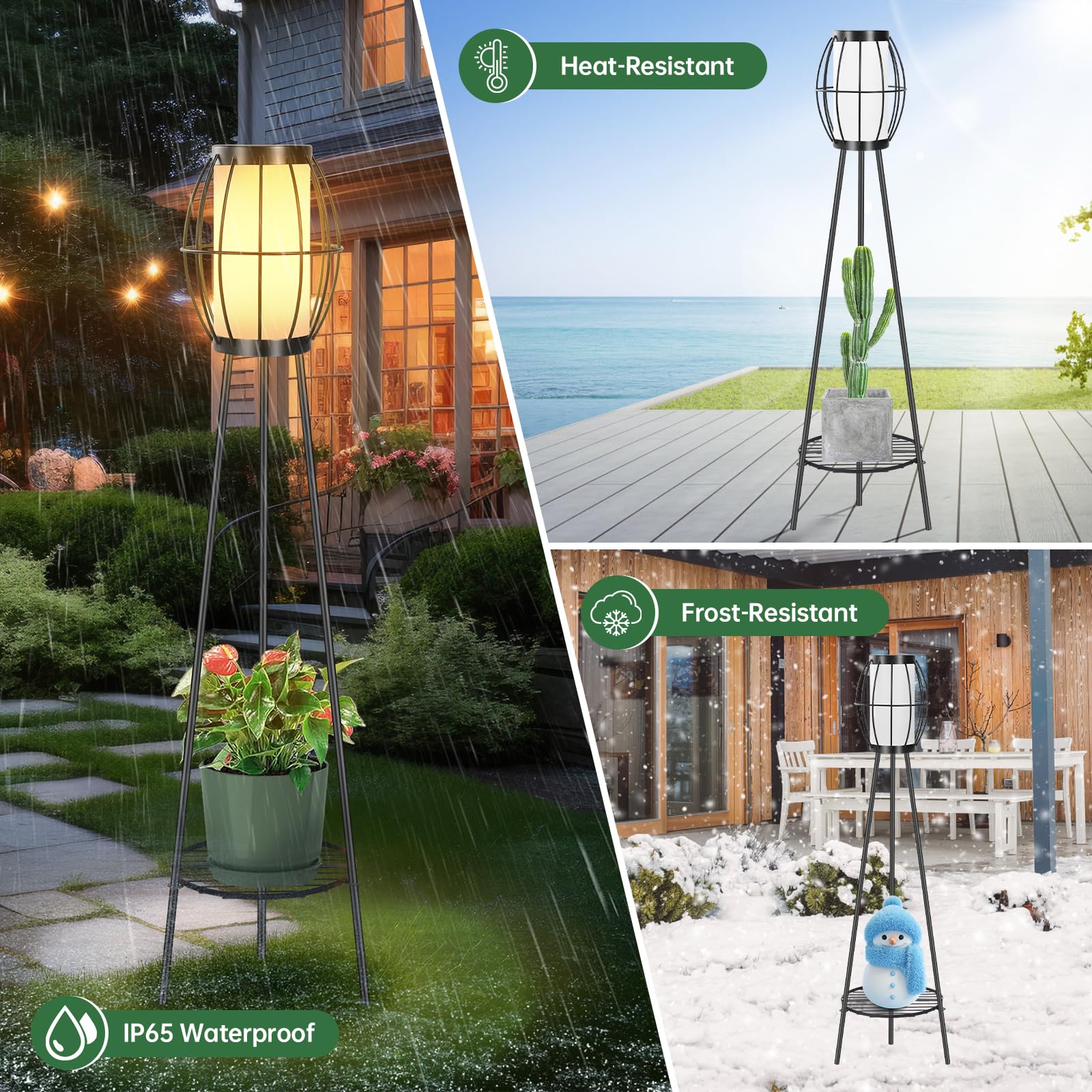 Lámparas solares de pie, paquete de 2 luces solares con soporte para plantas, luces solares impermeables para exteriores, estante de flores para patio, porche, terraza, patio, decoración de