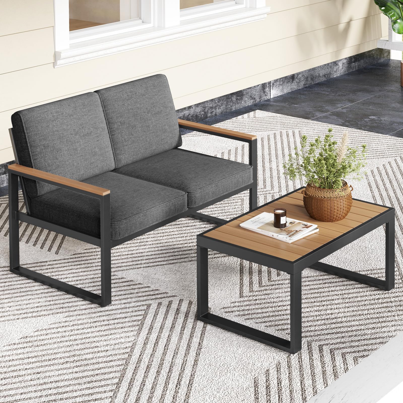 COSTWAY Set da Giardino in Alluminio a 2 Pezzi, Set Tavolino e Poltrona da Giardino, Set da Conversazione da Esterno, Divano Sezionale Imbottito con Tavolino da Caffè, per Cortile Balcone