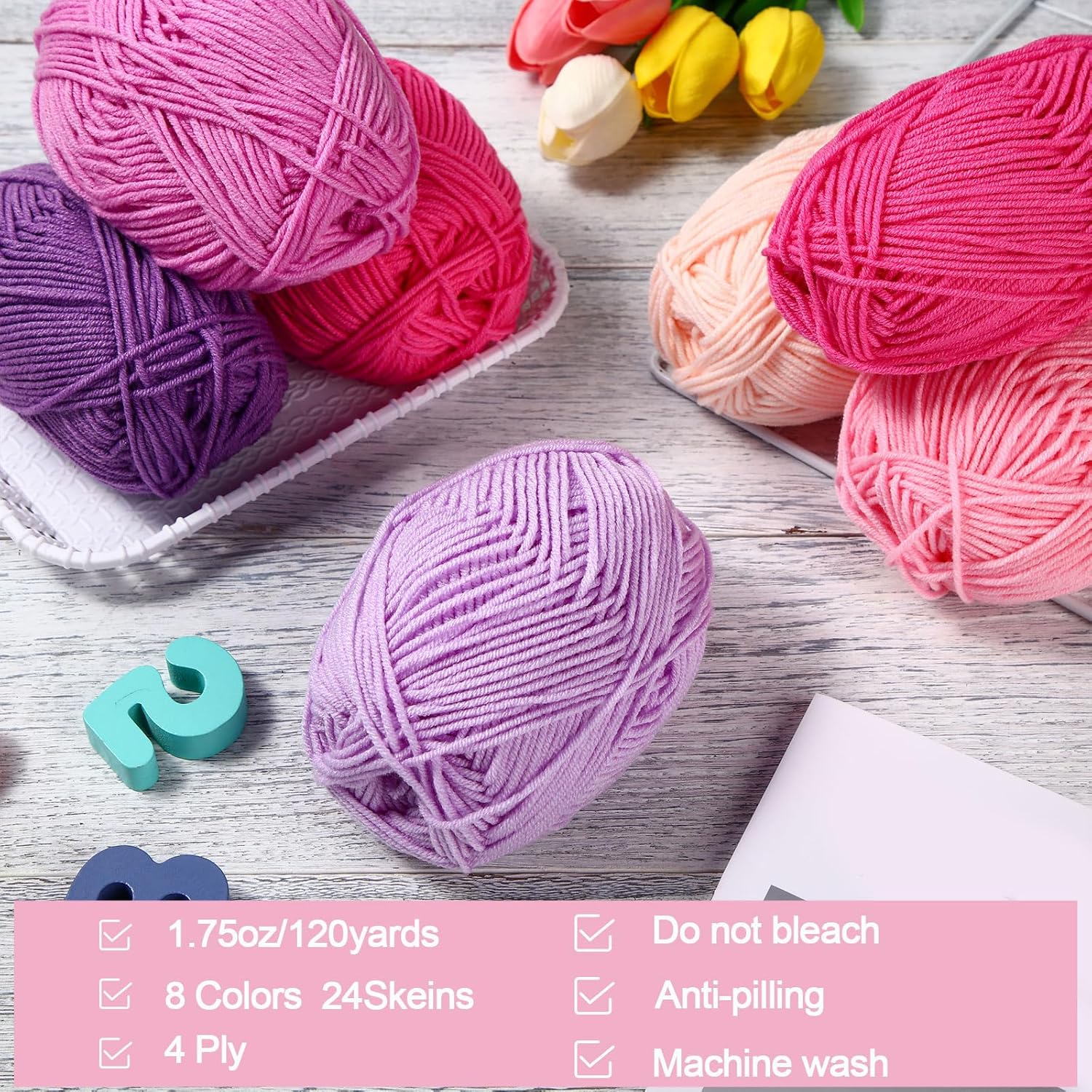 Threlaco 24 Skeins Soft Cotton Yarn Total 2880 Yards Assorted Colors Yarn for Crocheting and Knitting 4 Ply Acrylic Gauze for DIY Crafts Project, Each Skein 1.76 Oz/120 Yard(Purple Series)