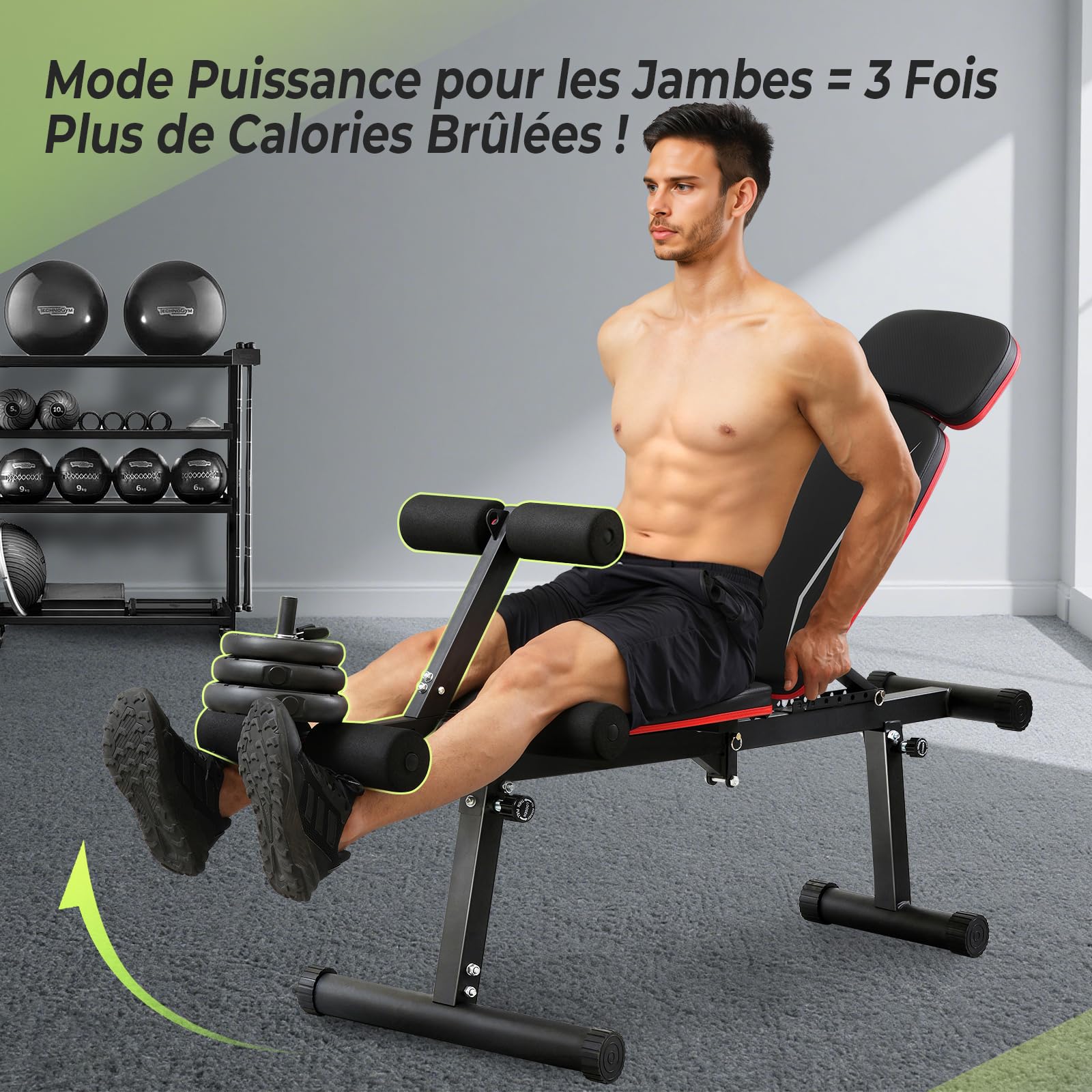 Banc Musculation Réglable Amélioré avec Extension et Curl Jambes - 9 Positions Dos Pliable - Banc Abdominaux 550 KG pour Gym Maison - Banc Incliné/Decliné/Plat pour Musculation Full Body