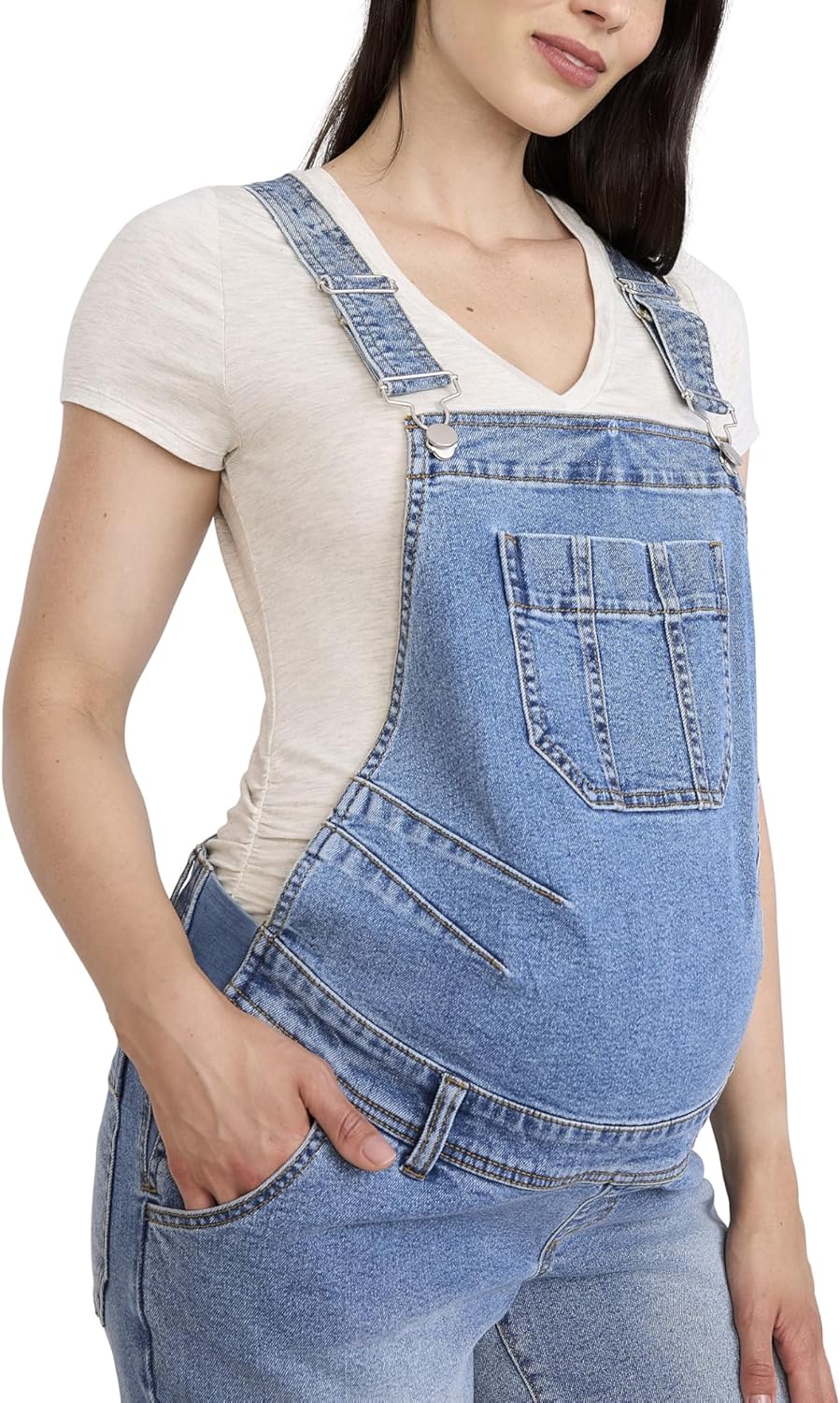 Motherhood Maternity womens Relaxed Fit Straight Leg Denim Pregnancy Overalls With Adjustable Straps and Pockets - Image 2