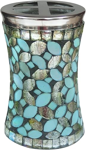 nu steel Soporte para cepillos de dientes de espuma marina y organizador de maquillaje en azul aguamarinamosaico de vidrio plateadoacero inoxidable