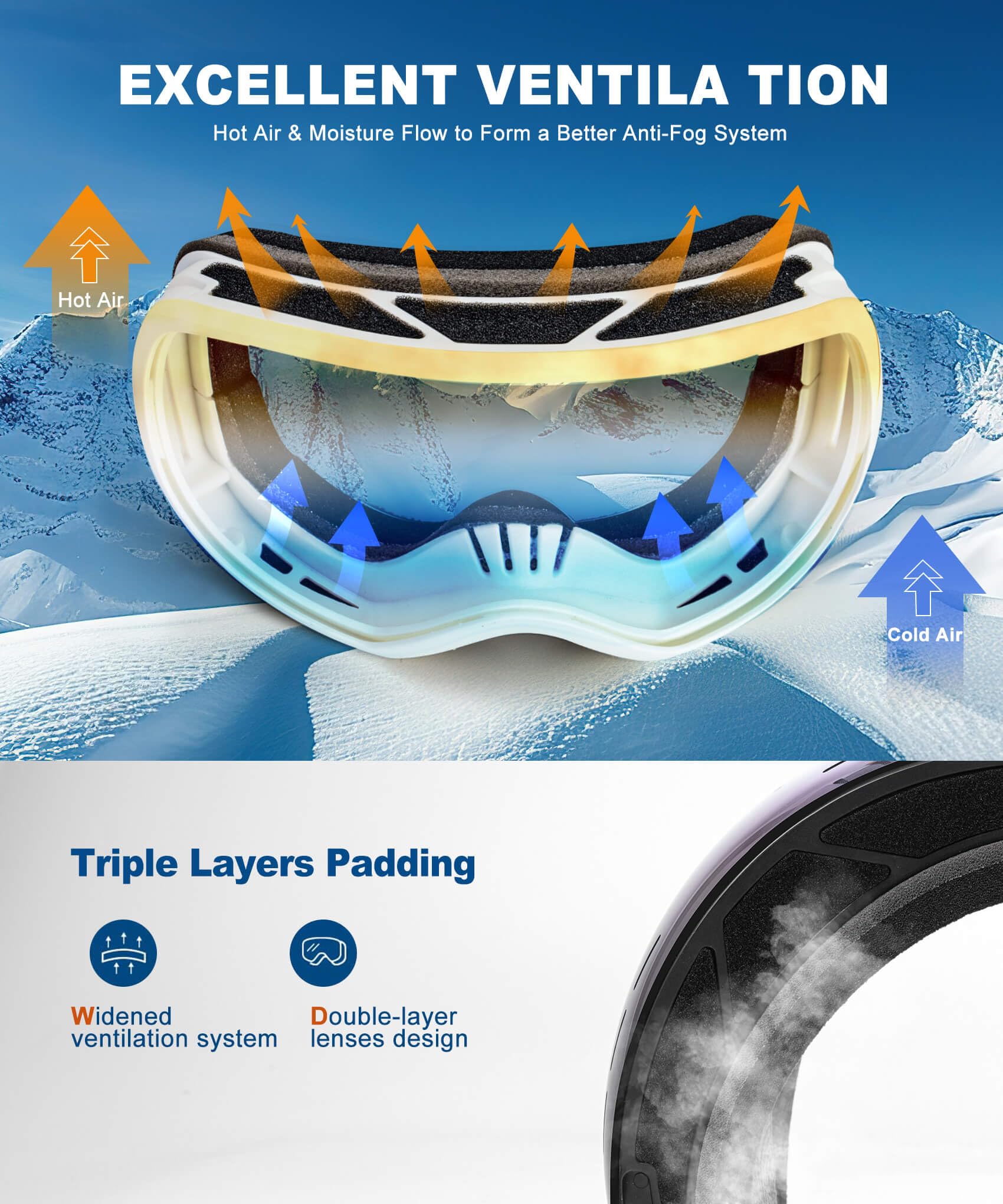 Confezione da 2 occhiali da sci per uomo e donna, occhiali da neve antinebbia, occhiali da snowboard con protezione UV al 100%