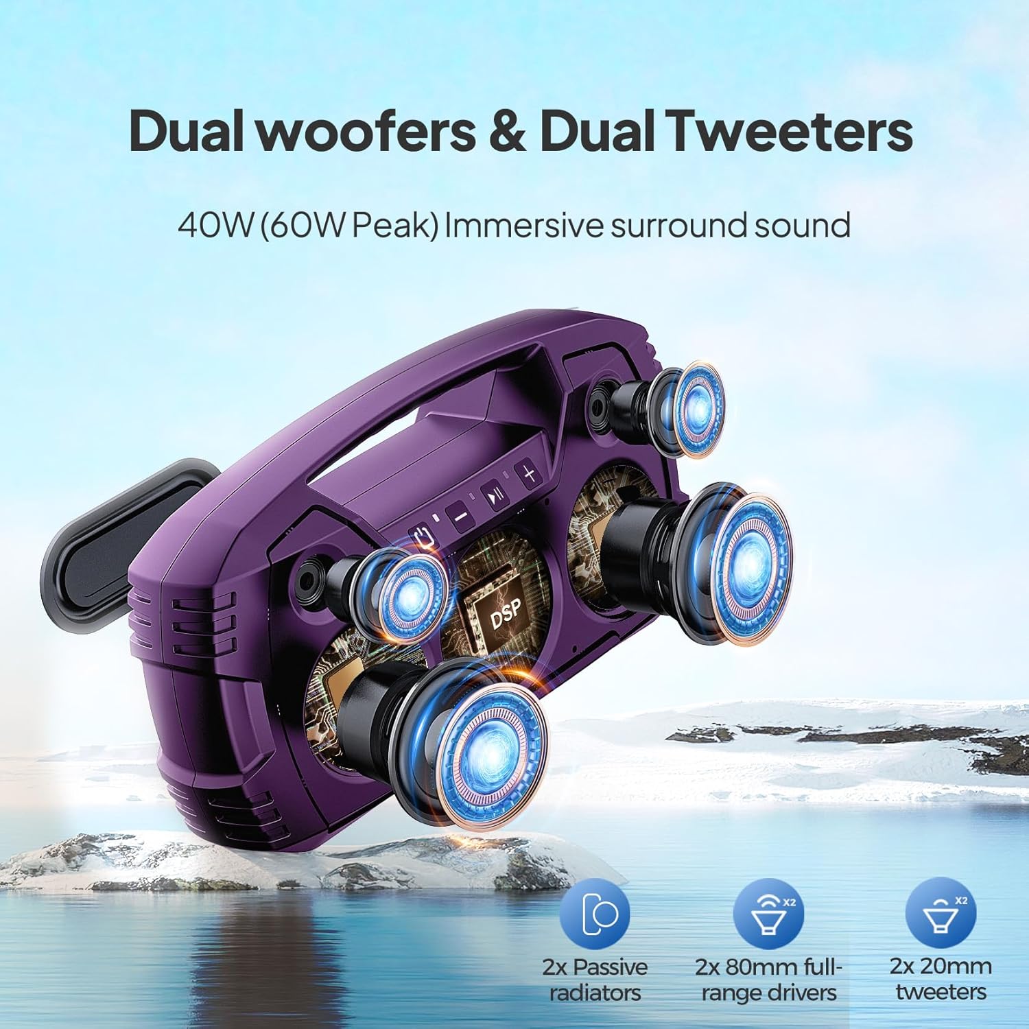 Internal view of the VOCBOOM speaker showing dual woofers and tweeters